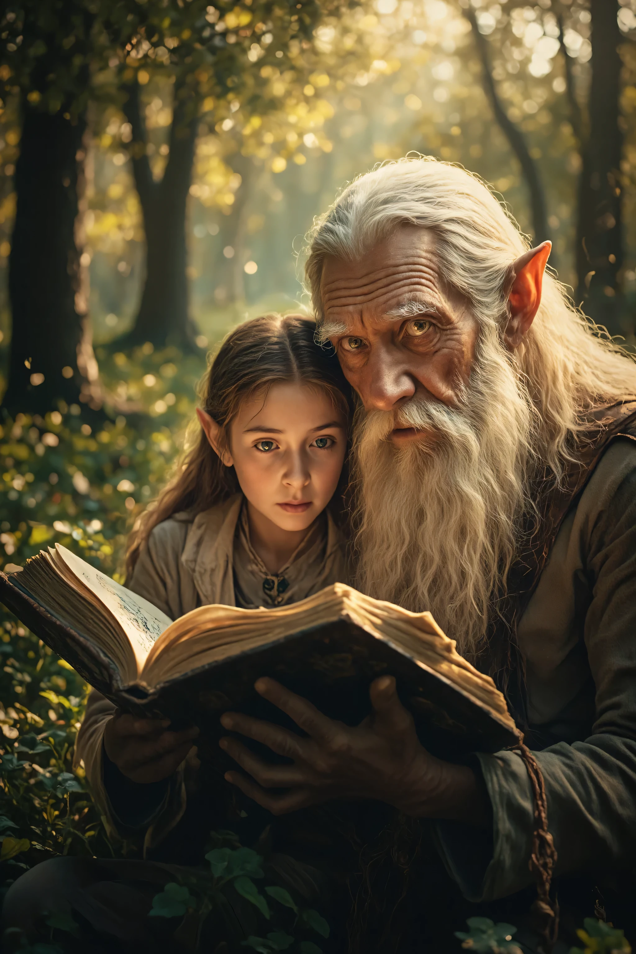 Super realistic photograph. A very old male elf, teaching his cute granddaughter elf magic by reading aloud from a magical book. Deep in the forest, sunlight streaming in. close up face