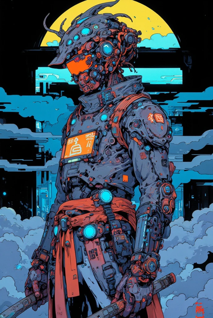 textless, wide shot, background ocean of clouds, CyberRonin, (Cyber-Samurai:1.2)