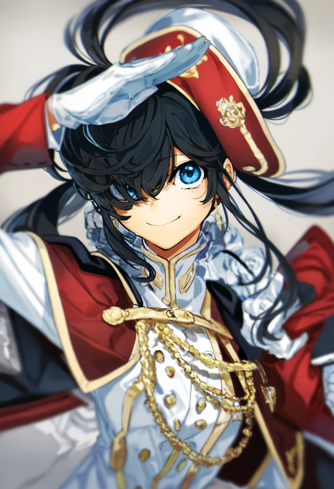 rose 1.2,of, girl,单人 独自of,, Hold, Hold 玫瑰花,, long hair, Jewelry, upper body, blurry, European classical style,black double ponytail hair, Blue Eyes , dark red short jacket , White Gloves ,cap,Focus,sapphire,White doves shine ,Smile,salute,可靠of,( black hair )