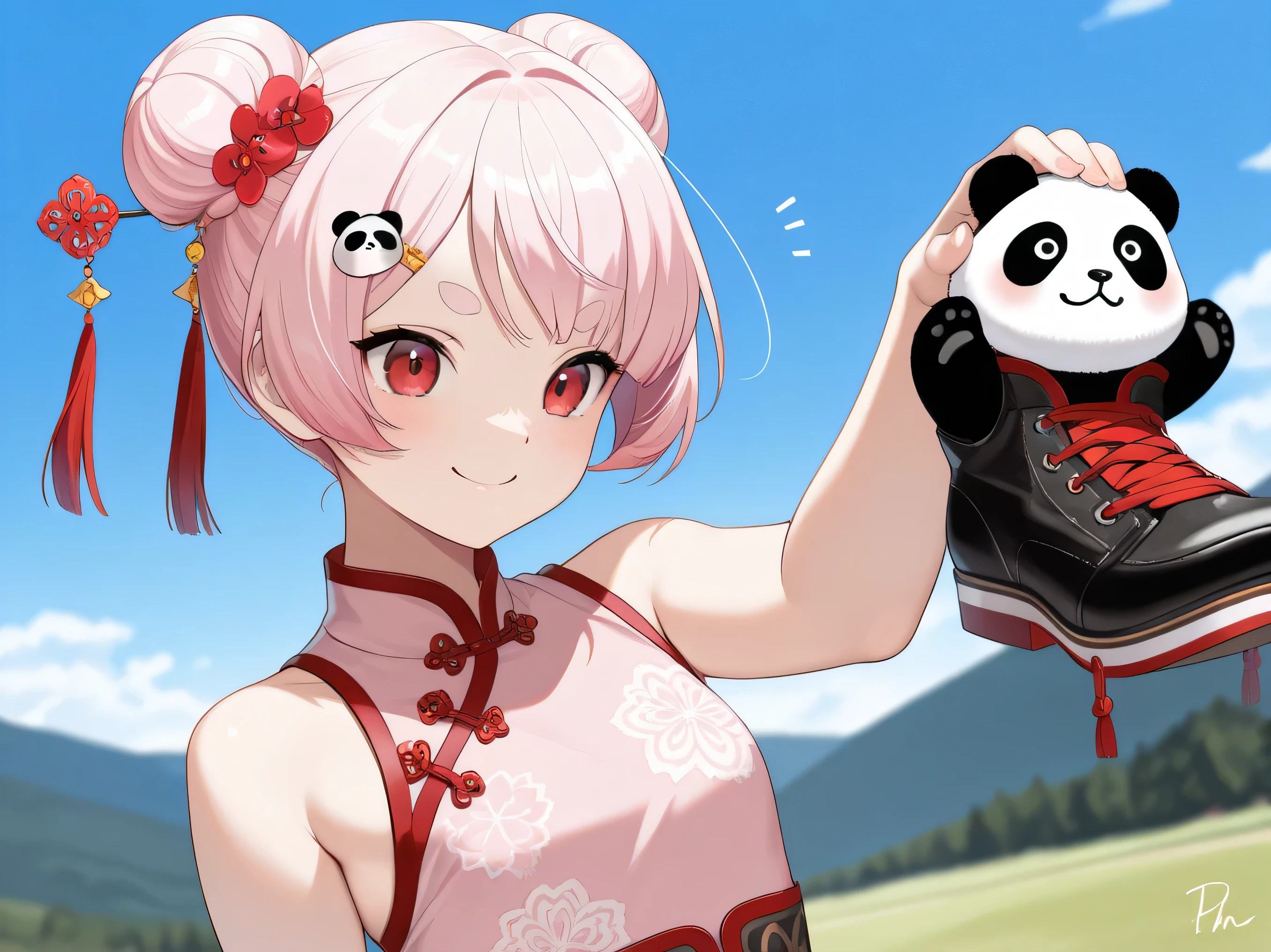 (  Masterpiece,   top quality:1.2),  pale pink hair 、 small size bun hair  、 Half Twin、 short hair 、 princess cut 、 thin oval eyebrows  、 panda face design hairpin、 Red Eyes 、light pink mini china、I'm going to drop my hands here、smile