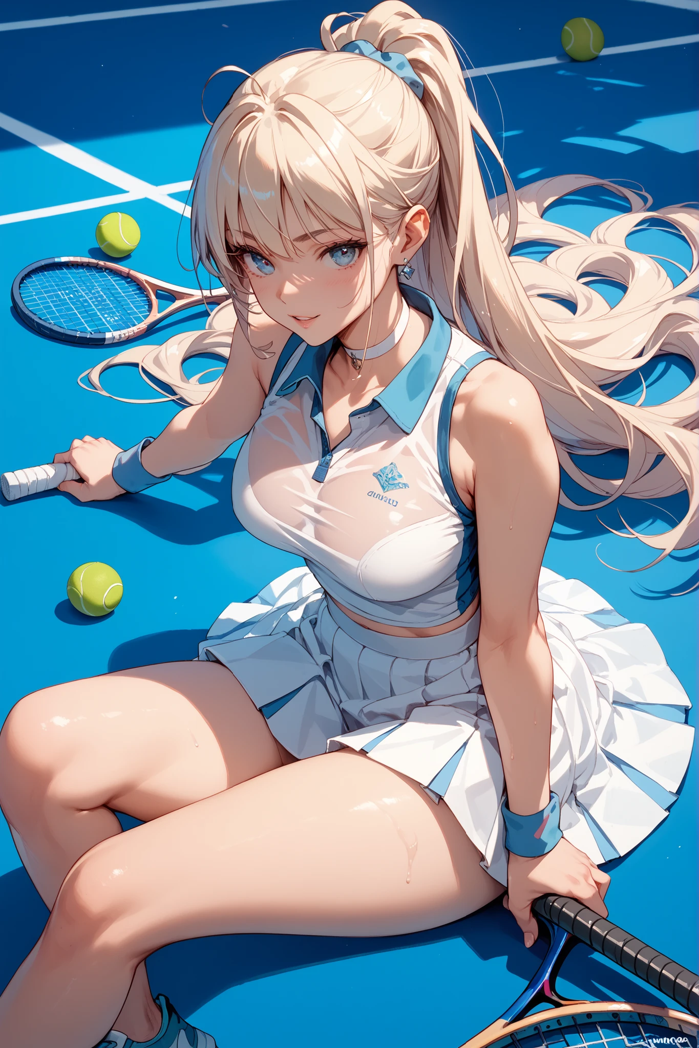 slim legs, laughing, cleavage, short skirt, navel, blue eyes, tennis player, thigh high socks, stand, blonde hair, long hair, short skirt