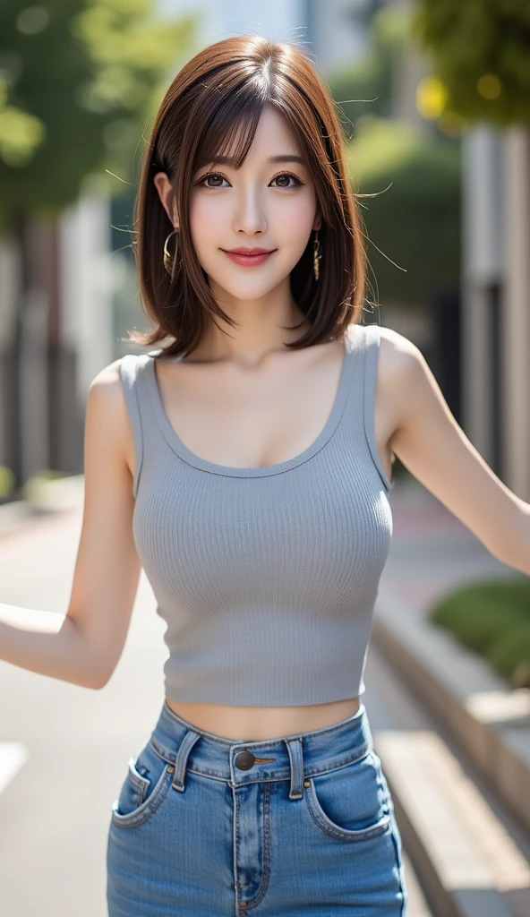 ((best quality, 8K, masterpiece:1.3)), Key Points:1.2, Perfect body beauty:1.4, Hips:1.2, ((Layered Hairstyle, breast:1.2)), sleeveless (Boss, Red cropped top:1.1) ,jeans, (rain, street:1.3), , Highly detailed face and skin textures, Beautiful eyes, Double eyelids, Skin Whitening, Long hair, (Residence: 1.3)