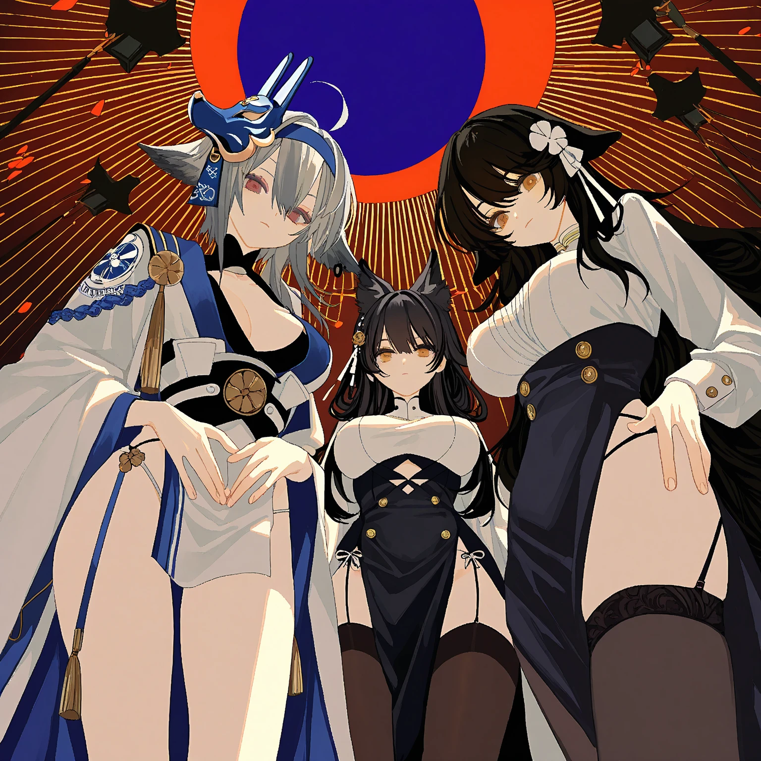 3 girls, variety of hairstyles, ((white background)), (((full body))), multiple views, dragon horn, thong, cleavage, short tie, sleeves, highleg,