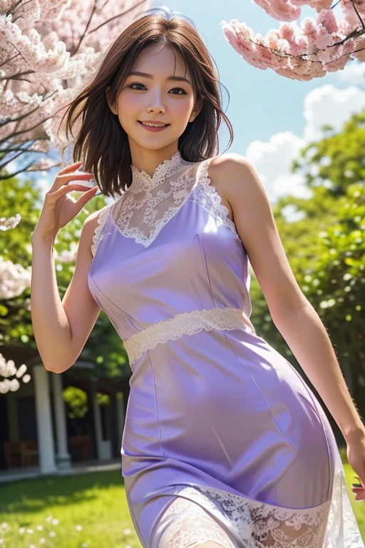 Realistic photos of a beautiful 28 year old woman。Transparent dress made of lilac crystals。Inside the Glass Temple。