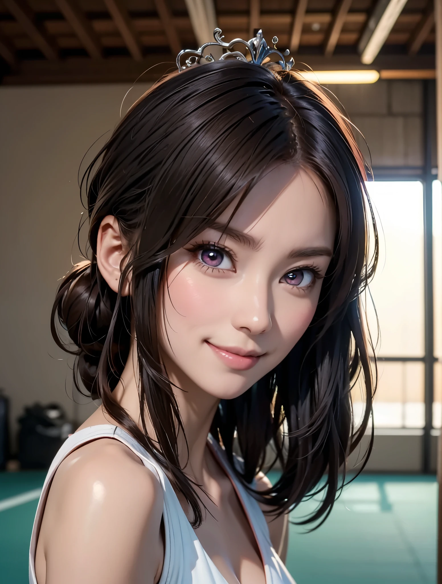 masterpiece、 top quality、 Hi-Res、 High Quality Images 、8k, female 1 person、Skin Radiance、 Skin and clothing texture、Pretty eyed expression 、Shiny latte colored hair, long haired girl , manga inspired by Lee Jong Suk, trending with deviantart , realism, Detailed cartoon style, manga art style , perfect line drawing , Beautiful line art, Digital Manga Art Girl , K-pop idol, dress, beautiful pink eyes under the tennis court, plump lips, detailed beautiful face, ( cute smile), charm, Innocent, Side View, ( perfectly drawn face ), () image like the picture, description depth of boundary , half up hairstyle , tiara , 白いウエディング dress,At a wedding,Association, evening,Lots of roses,