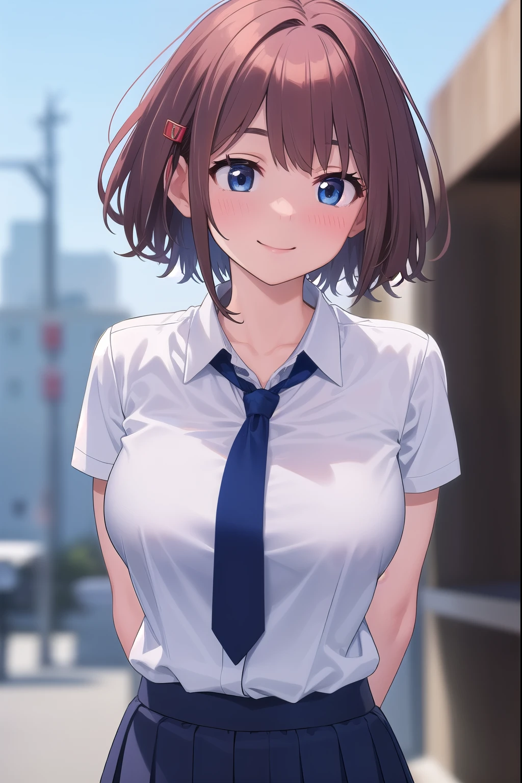 ( masterpiece, top quality), 非常に詳細なbackground, perfect lighting、 top quality, {Hitoyo Baffu、 1 girl、 cute、(18 years old)、 brown shorthair with darts in hand、 hair accessories、 blue eyes、( looking away:1.5)、(arms behind back:1.7)、(smile:1.5)、( and my cheeks are blushing:1.2)、{ business suit、(navy blue business blazer)、(White blouse with collar:1.2)、( red tie)、( navy blue tight skirt)、( big boobs)、 white thighs、Business Heels}、{background、(company)}