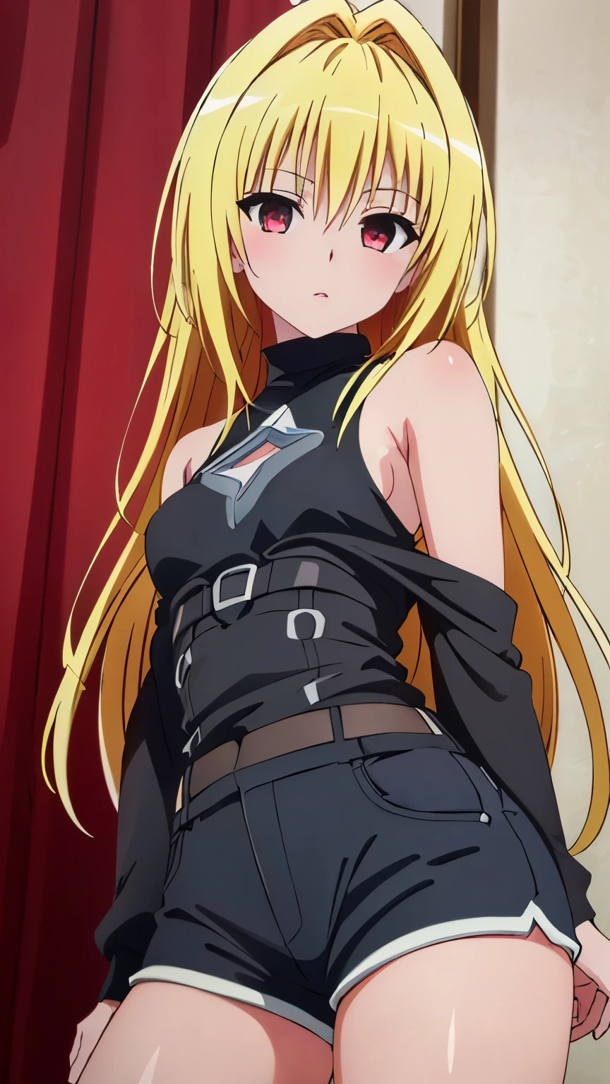 (Top quality, masterpiece, 8k:1.2), (anime coloring), (pixel-perfect, detail-perfect), very detailed, perfect hair style, beautiful eyes, perfect eyes, detailed eyes, perfect eyebrows, perfect face, detailed face, perfect hairstyle, ultra-detailed, detailed eyes, symmetrical eyes, sharp detailed, 1girl, solo, konjiki no yami, red black eyes, blonde long hair, (mature face:1.0), slim, slim body, (small breast:1.2), (nffsw), ((black knit, high neck, (sleeveless), off shoulder, side boob, arm, shorts)), looking at the viewer, in the center of the image, (cowboy shot:1.2), looking at the viewer, in the center of the image, dutch angles,