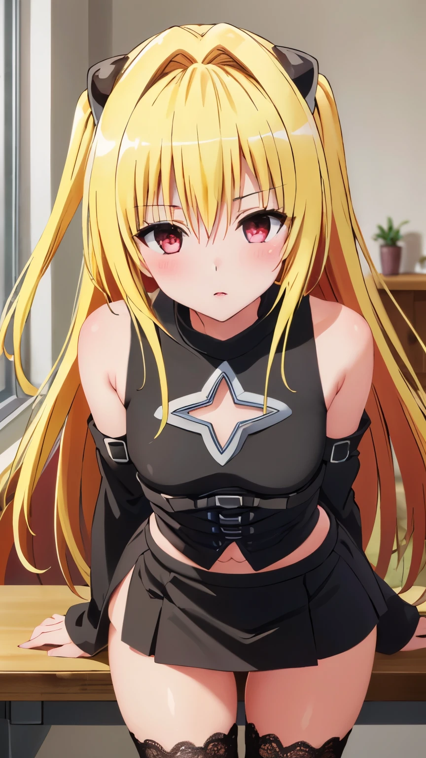 (Top quality, masterpiece, 8k:1.2), (anime coloring), (pixel-perfect, detail-perfect), very detailed, perfect hair style, beautiful eyes, perfect eyes, detailed eyes, perfect eyebrows, perfect face, detailed face, perfect hairstyle, ultra-detailed, detailed eyes, symmetrical eyes, sharp detailed, 1girl, solo, konjiki no yami, red black eyes, blonde long hair, (mature face:1.0), slim, slim body, (small breast:1.2), (nffsw, black cloth, detached sleeves, clothing cutout, micro mini skirt), (lace panties), back, lean forward, bending over, backward, show your ass, booty pose, leaning on a table, place your hands on the table, blush), (sexy pose:1.3)), looking at the viewer, in the center of the image, (cowboy shot1.2), looking at the viewer, in the center of the image, dutch angles,