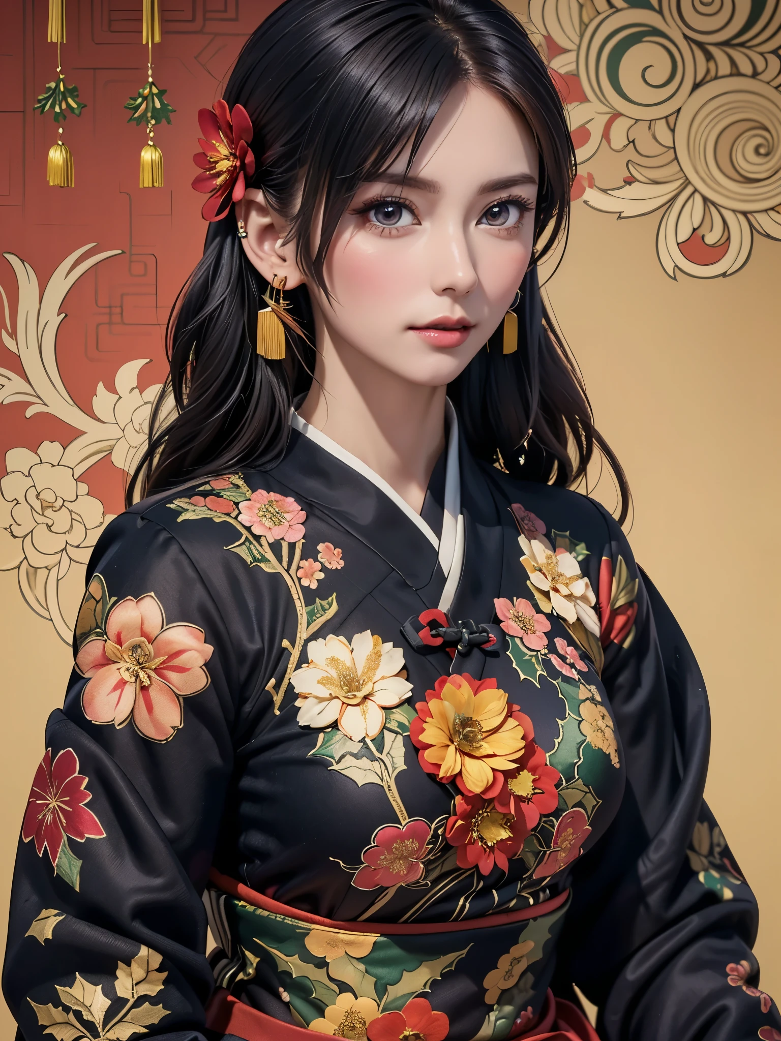 ( masterpiece, top quality , top quality , Official Art, beautiful 、Midea :1.2), ( seat:1.3), handmade ,( fractal art :1.1),( colorful :1.1)(flower:1.3), Best Details ,( zentangle :1.2), ( dynamic pose christmas ), ( abstract background :1.3), ( Traditional Chinese Cloth :1.2), ( Shiny Skin 、S ), (Many colors:1.4), ,( earrings for women :1.4),