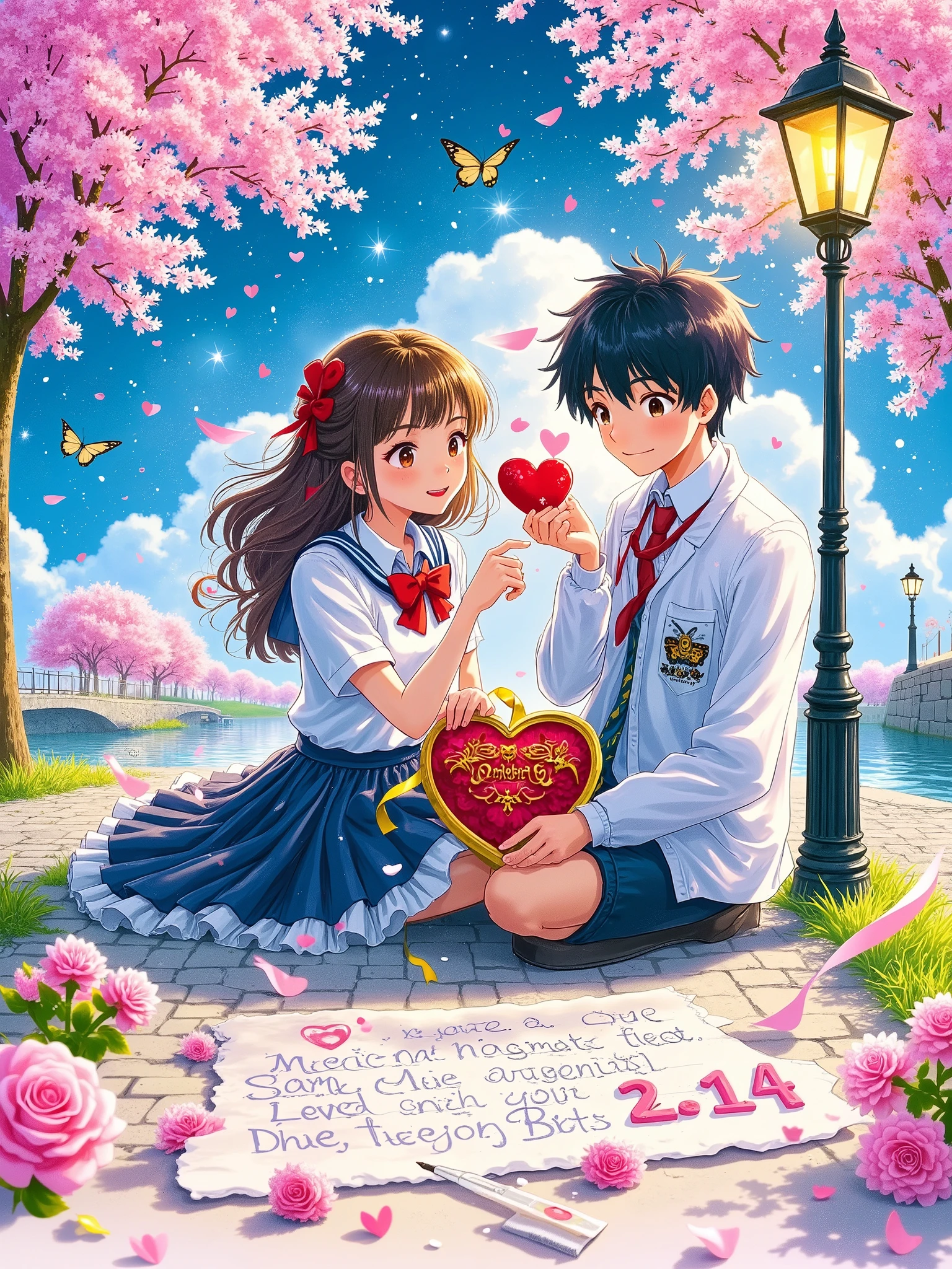 Transparent watercolor texture, White space artistic processing. Q version couple sitting on a letter written by a feather pen, Girl's skirt is dyed into a pink and blue starry sky, Boy's bow tie turns into a butterfly and rests on his shoulder. Floating dendelions and wax seals in the background, Watercolor rose composition "2.14" date, OC rendering simulates the texture of rice paper fiber and pigment precipitation.