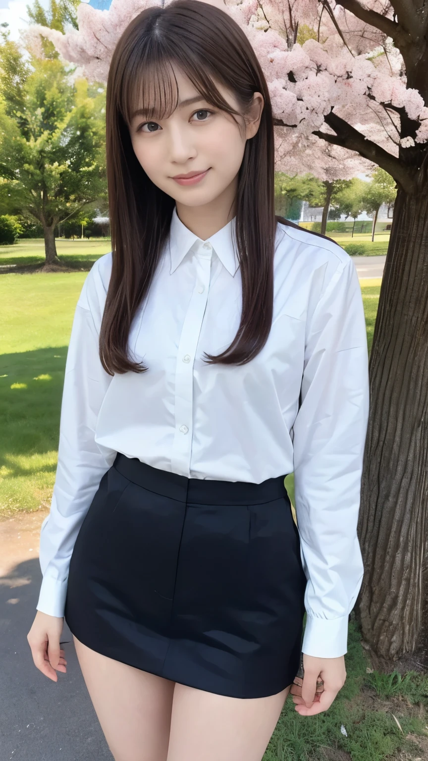 Real 8K high quality image 、 Large cherry blossom trees line up on both sides for a long time、 Cute high school girl、In a super miniskirt and a cute uniform、Model body type that is not muscular、Beautiful white ripe skin 、 apply light makeup 、 Detailed Fingers 、