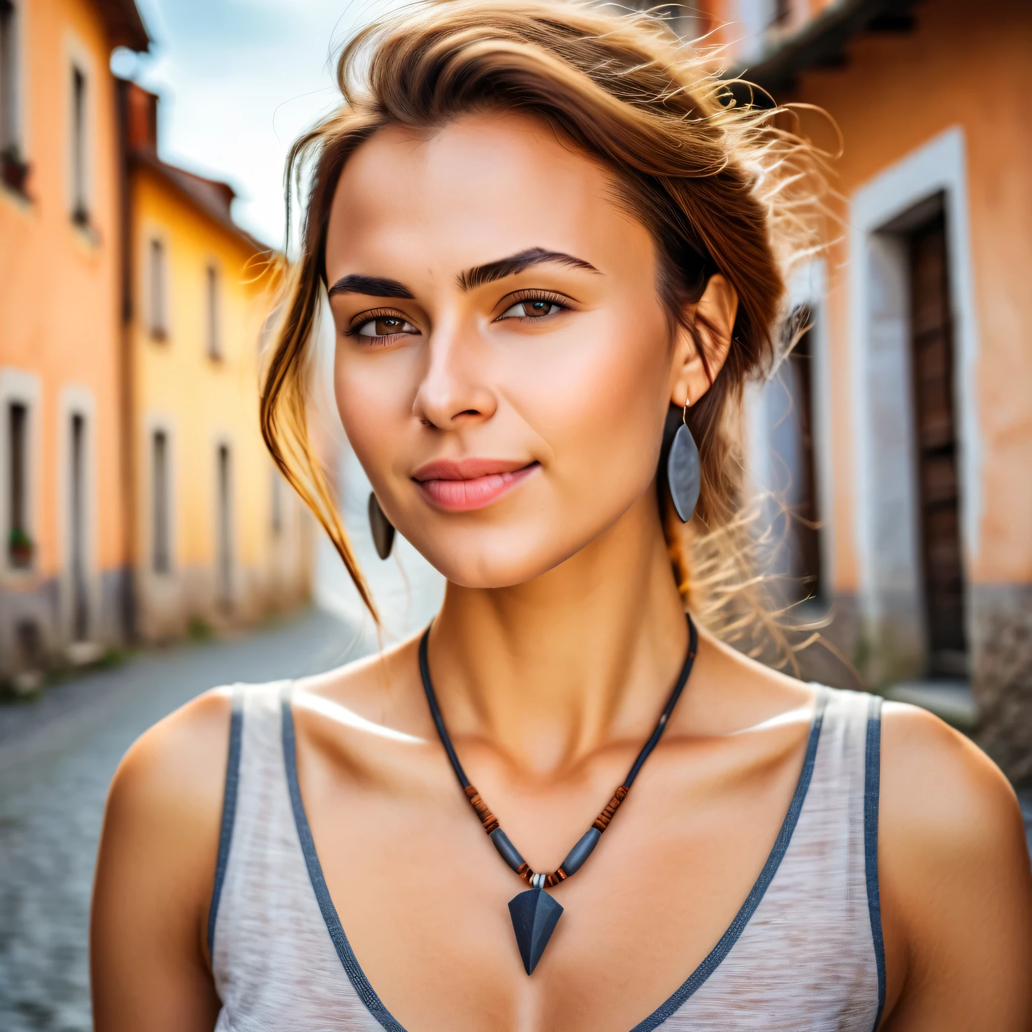  beautiful european natural woman, Who doesn't wear jewelry such as necklaces or earrings, The model has a V-neck top 