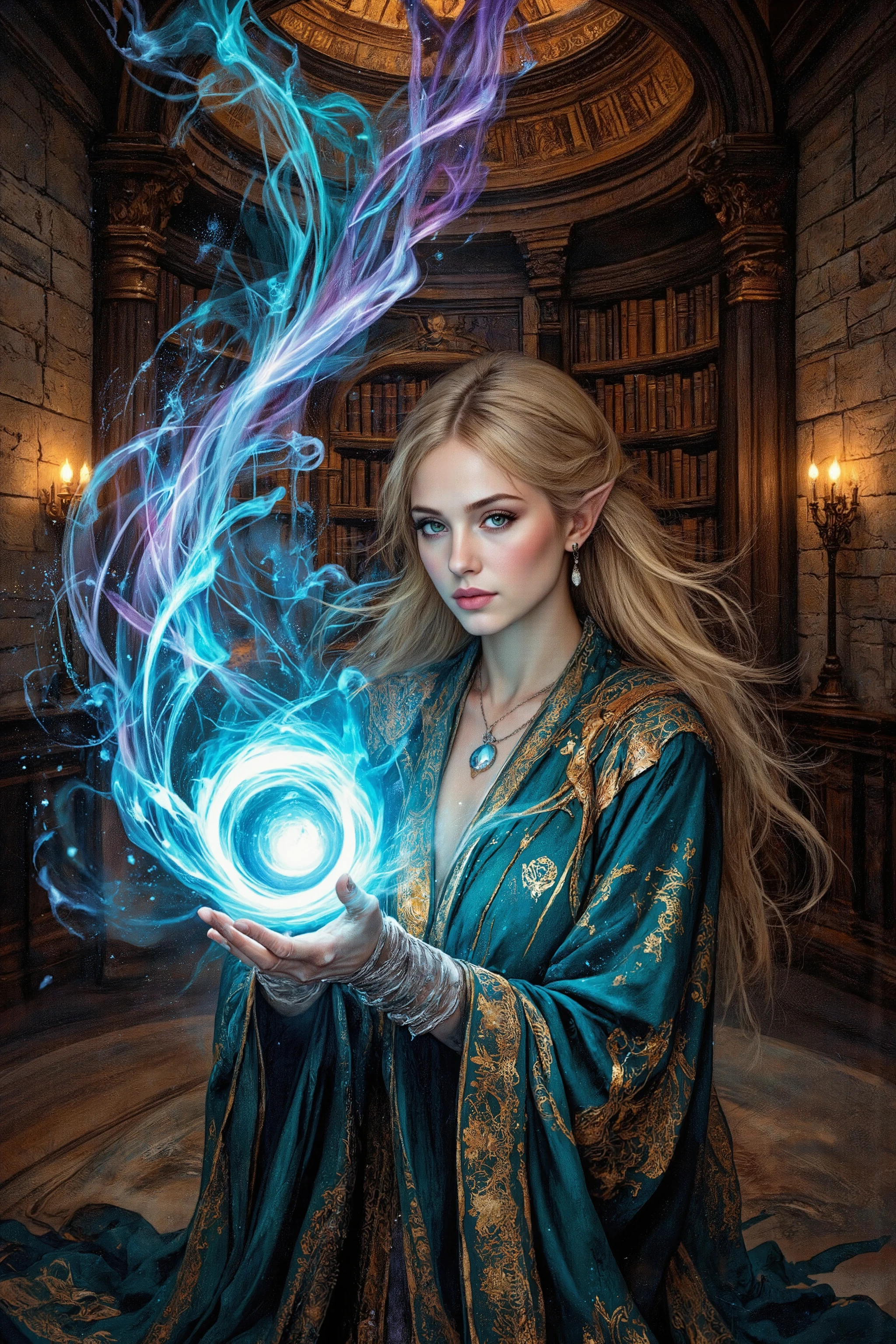 A regal elven sorceress with flowing blonde hair and silver jewelry, casting a powerful spell. Her glowing, pointed ears enhance her mystical aura. She wears an ornate mage robe embroidered with arcane symbols and enchanted gauntlets pulsing with magic. Swirling blue and violet energy radiates from her gracefully poised hands, illuminating her fair skin and piercing almond-shaped eyes. Behind her, a grand stone wall of the magic academy library stands, lined with ancient tomes and glowing mystical inscriptions. Dramatic lighting contrasts the library’s warm glow with the vibrant magic in her hands.
Inspired by the works of Artgerm and Alphonse Mucha, blending realism with fantasy elements. Dramatic chiaroscuro, mystical highlights, and a refined fantasy atmosphere. Low angle. Digital art.
