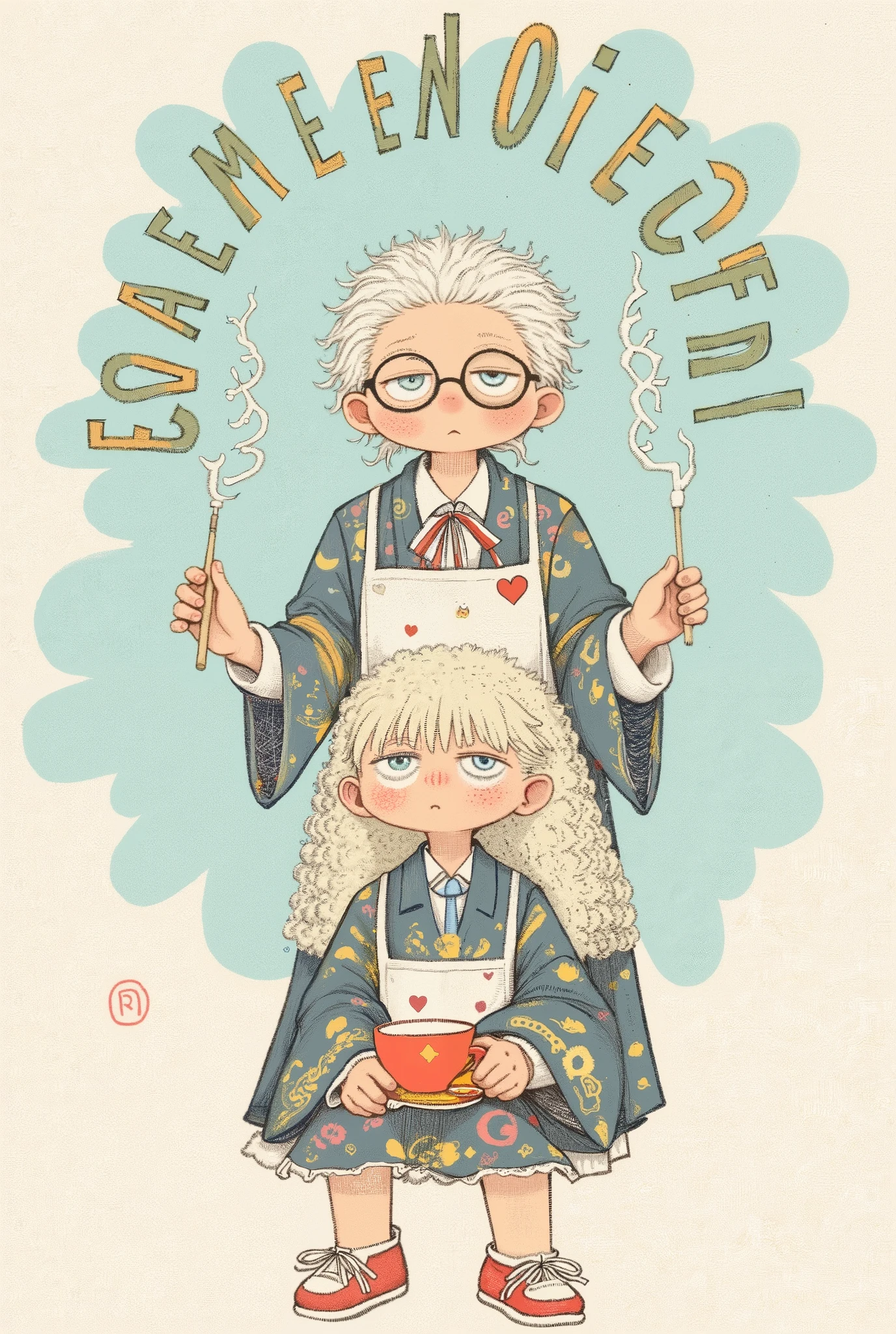  Designed a humorous team logo plan for a team of retirees， ， the jigaku teacup family ， main graphics ： The body pattern uses a stick pen tree to form （ symbolizes three generations ）， The top layer teacup wears reading glasses （The ）， the middle layer teacup is tied with an apron （ the housekeeper ）
 the bottom layer tea cup wears sneakers （ reflects vitality and retirement ）， elements of family and a relaxed laugh ， the tea steam transforms into "LOL" letter shape representing the elders ，, the text on the bottom is transformed into ："Tea Time Avengers"
