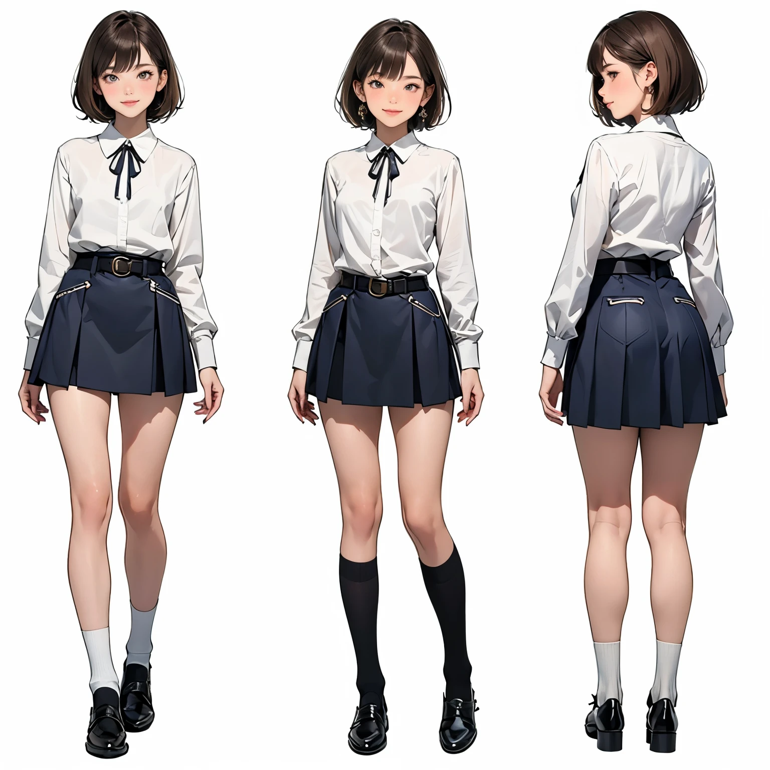same character reference sheet,masterpiece,Ultra-detailed,perfect face,bloom,16years old,(A very pretty Japanese girl standing straight),arms at sides,straight-on,wide stance,facing forward,square face,round jaw,happy smile,(cute almond eyes:1.2),(very short stature:1.2),(medium body),natural breasts,very thick and muscular thighs,silky white skin,(long-sleeve laced white blouse with ribbon tie, mini-skirt,thick belt,socks,shoes),short-bob-cut,bangs,light-brown hair,necklace,earrings,happy,smile,Full body, (simple white background),(front view,back view,close-up face view,from a distance),perfect anatomy,simple background,