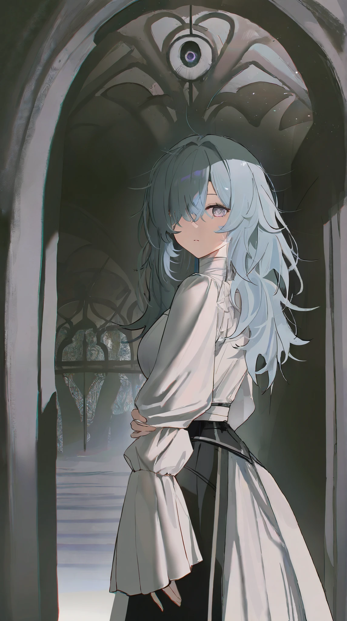 masterpiece,best quality,newest,absurdres,highres,safe, Light Blue Hair, Girl, Standing, dark circles, long hair, messy hair, Right eye hidden by hair, side tail , white shirt , One eye is hidden by hair, Medieval, aristocratic, men's clothing,