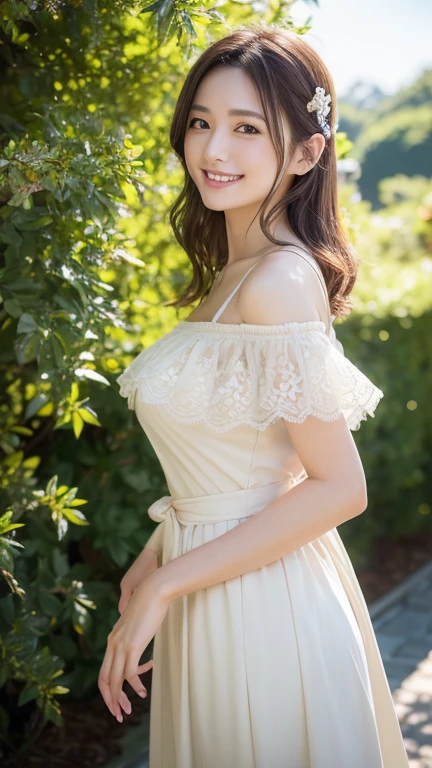 (top-quality、8k、32k、masterpiece、UHD:1.2)、(Sad smile、red blush:1.1)、looking at the viewers、(Beautiful detailed dress skirt:1.2)、detailed legs、(Spread legs:0.9)、(Lace pantie:0.9)、(wind lift:1.6)、full bodyesbian、the wind、城市、outside of house、25-years old、1人、light brown hair、详细的脸、(Detailed lips)、detailedeyes、(huge-breasted:1.5)、broad shoulder、knee、Cute Alafed Asian Woman、