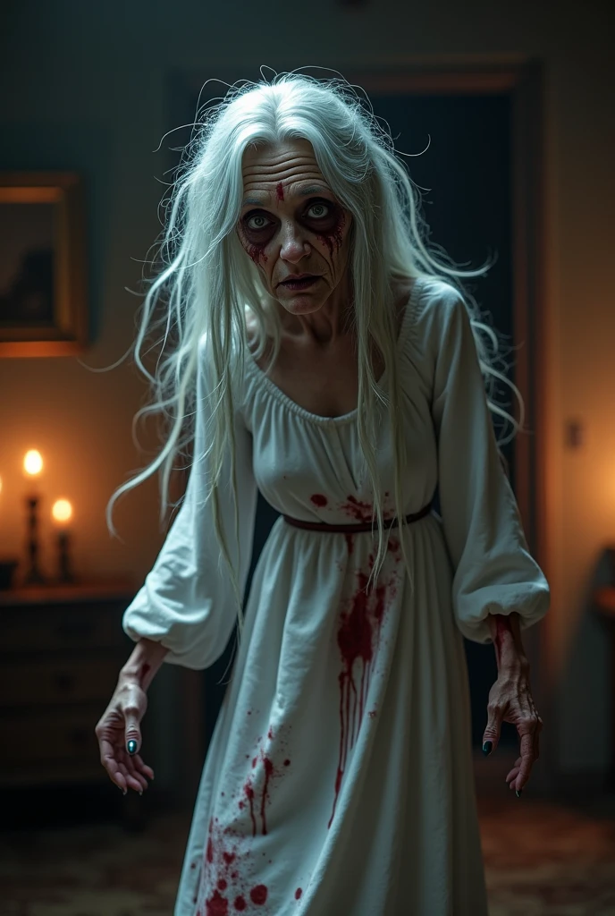 A scary horror image, a female figure in the corner of the room, your empty eyes fixed on me. She was dressed in old clothes, and his face was pale and lifeless. PICTURE REALISTIC, high resolution, 8K