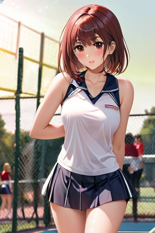 ((Tabletop, Highest quality, High resolution, Hmph, Pixel perfect, 4K, Hmph, Hmph))), One Girl, single, alone, Beauty、The whole body is visible、 ((Mid-wave hair, bangs, Brown Hair)), ((Brown eyes, Beautiful eyelashes, Realistic eyes)), ((Detailed face, blush:1.2)), ((Smooth texture:0.75, Realistic texture:0.65, Realistic:1.1, Anime CG style)), Medium chest, Dynamic Angle, Perfect body, White tennis wear, Short sleeve collared shirt、Pleated skirt、(No good、Puffy nipples)、、 Tennis court、Daytime、look back、Sideways Breasts))))、Very embarrassing panic smile、()、