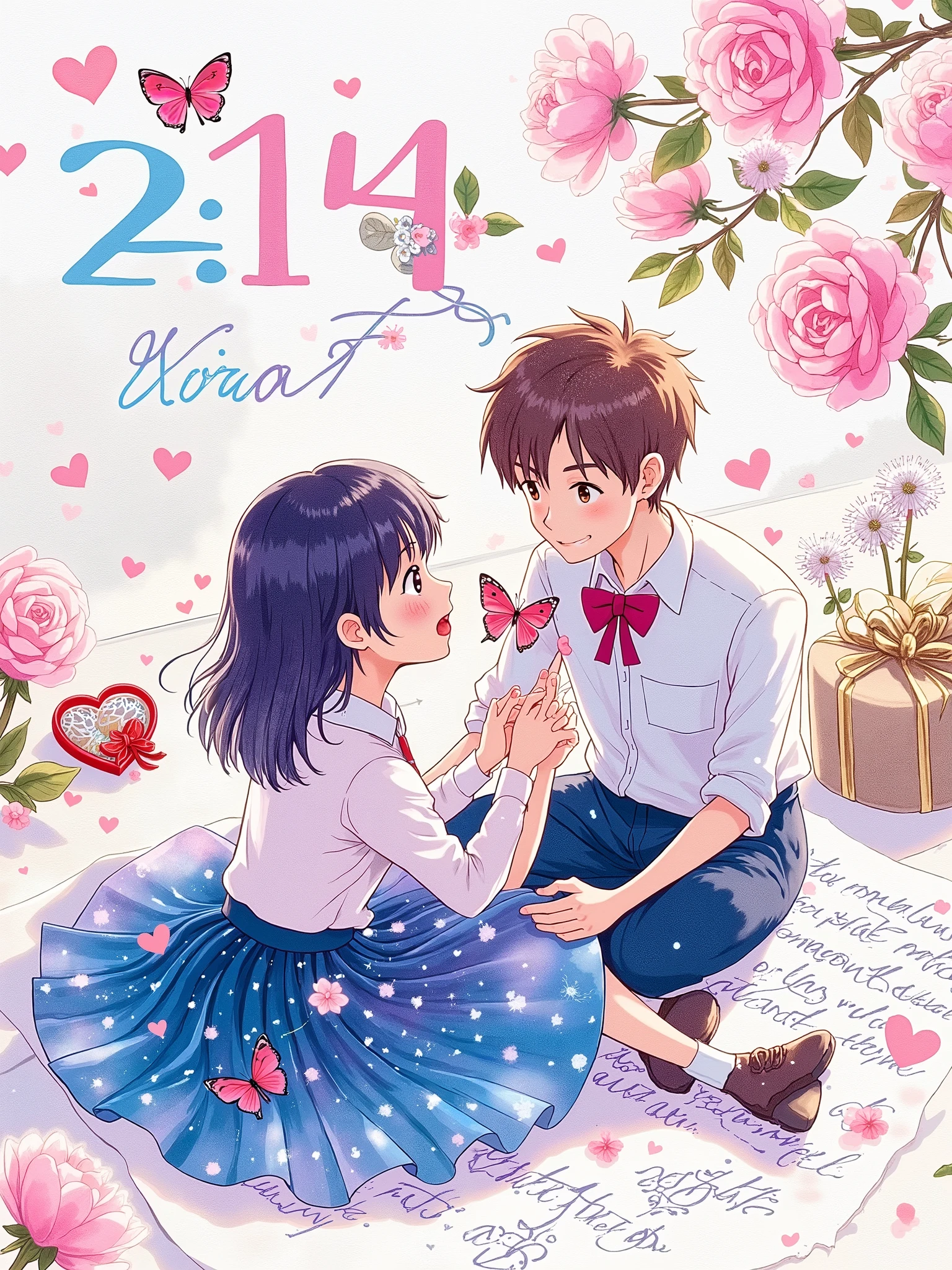 Transparent watercolor texture, White space artistic processing. Q version couple sitting on a letter written by a feather pen, Girl's skirt is dyed into a pink and blue starry sky, Boy's bow tie turns into a butterfly and rests on his shoulder. Floating dendelions and wax seals in the background, Watercolor rose composition "2.14" date, OC rendering simulates the texture of rice paper fiber and pigment precipitation.