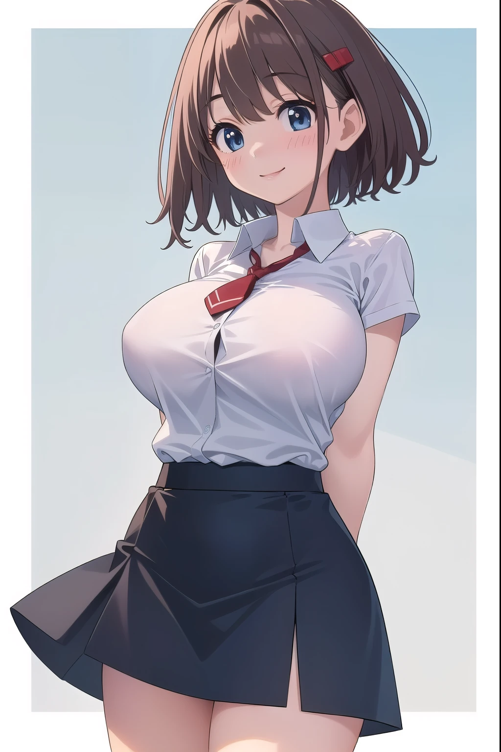 ( masterpiece,  top quality), 非常に詳細なbackground, perfect lighting、 top quality, {Hitoyo Baffu、 1 girl、 cute、(18 years old)、 brown shorthair with darts in hand、 hair accessories、 blue eyes、( looking away:1.5)、(arms behind back:1.7)、(smile:1.5)、( and my cheeks are blushing:1.2)、{ business suit、(navy blue business blazer)、(White blouse with collar:1.2)、( red tie)、( navy blue tight skirt)、( big boobs)、 white thighs、Business Heels}、{background、(company)}