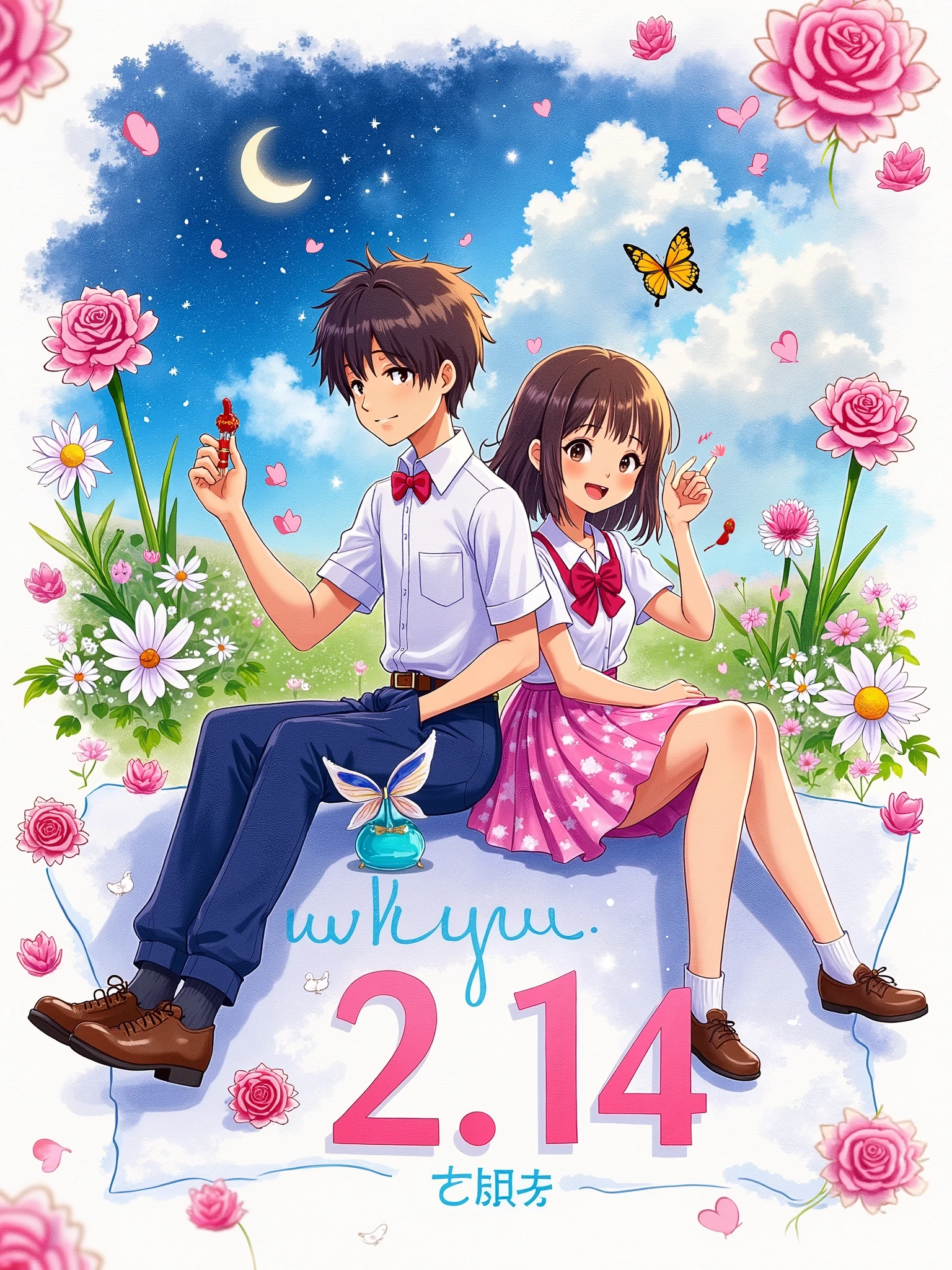 Transparent watercolor texture, White space artistic processing. Q version couple sitting on a letter written by a feather pen, Girl's skirt is dyed into a pink and blue starry sky, Boy's bow tie turns into a butterfly and rests on his shoulder. Floating dendelions and wax seals in the background, Watercolor rose composition "2.14" date, OC rendering simulates the texture of rice paper fiber and pigment precipitation.