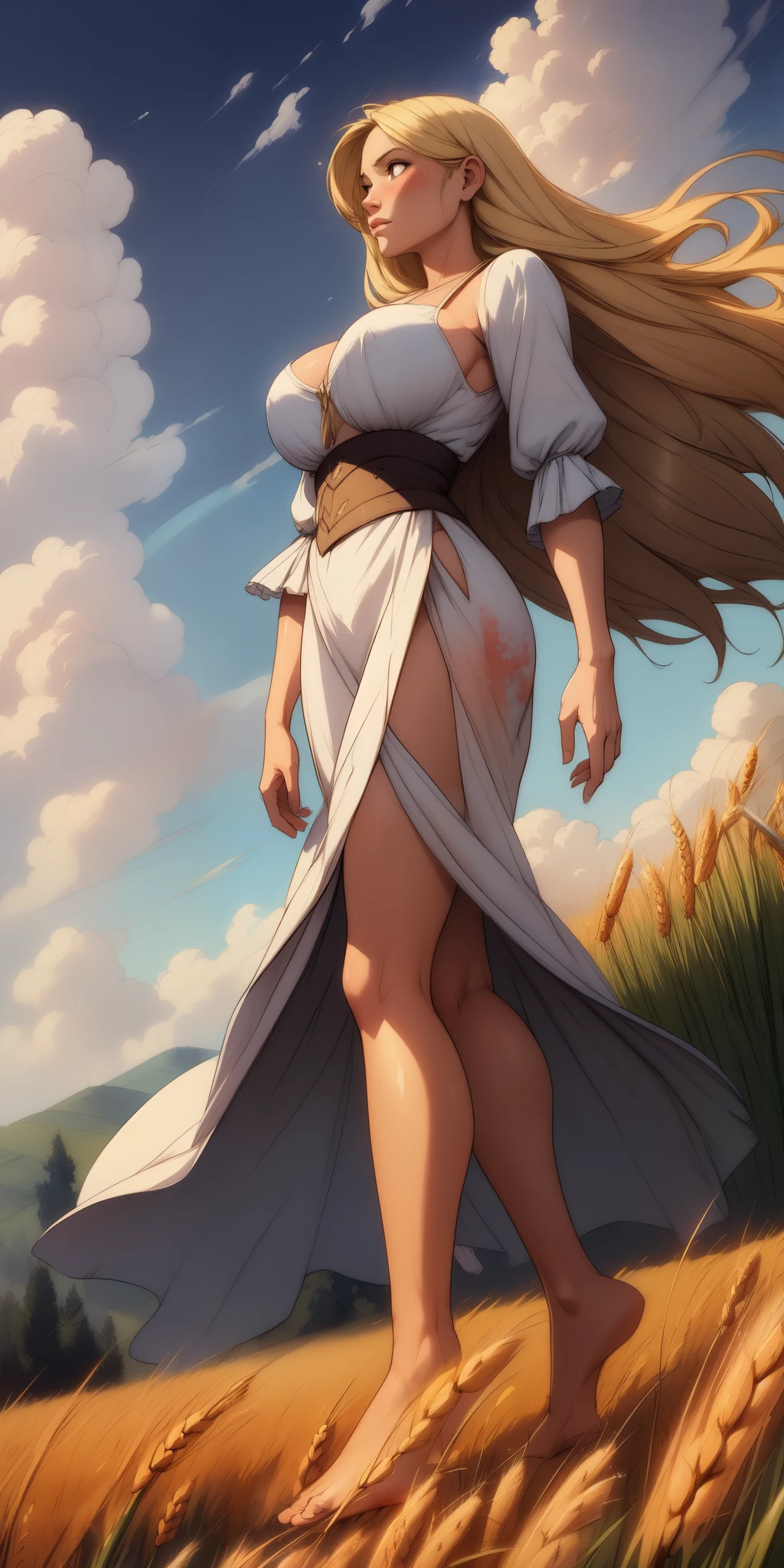 stunning painting of a knight with blonde hair, wheat field, epic clouds ((painterly)) ((impressionist)) vibrant, soft edges (((warm glow))) full body whole body view from below 1sologirl, feet together