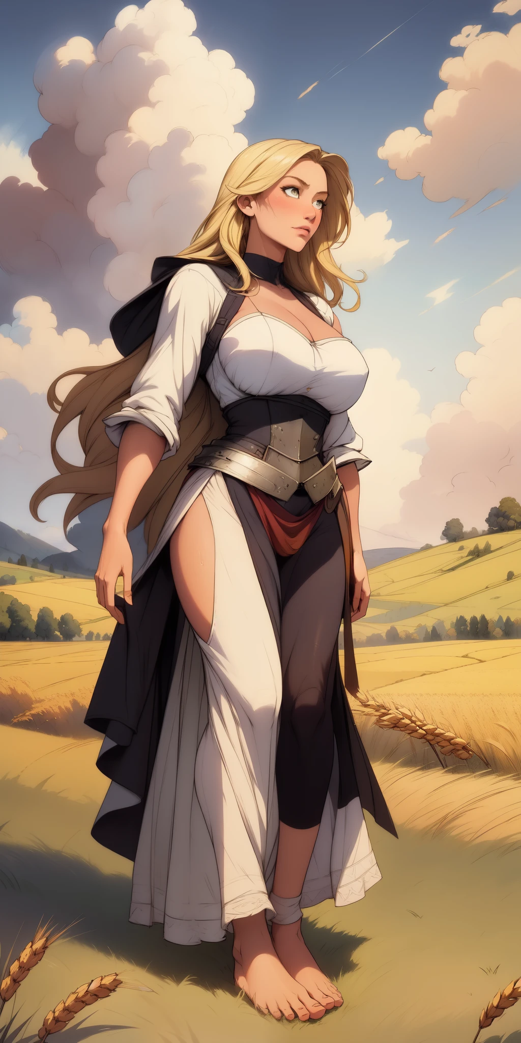 stunning painting of a knight with blonde hair, wheat field, epic clouds ((painterly)) ((impressionist)) vibrant, soft edges (((warm glow))) full body whole body view from below 1sologirl, feet together