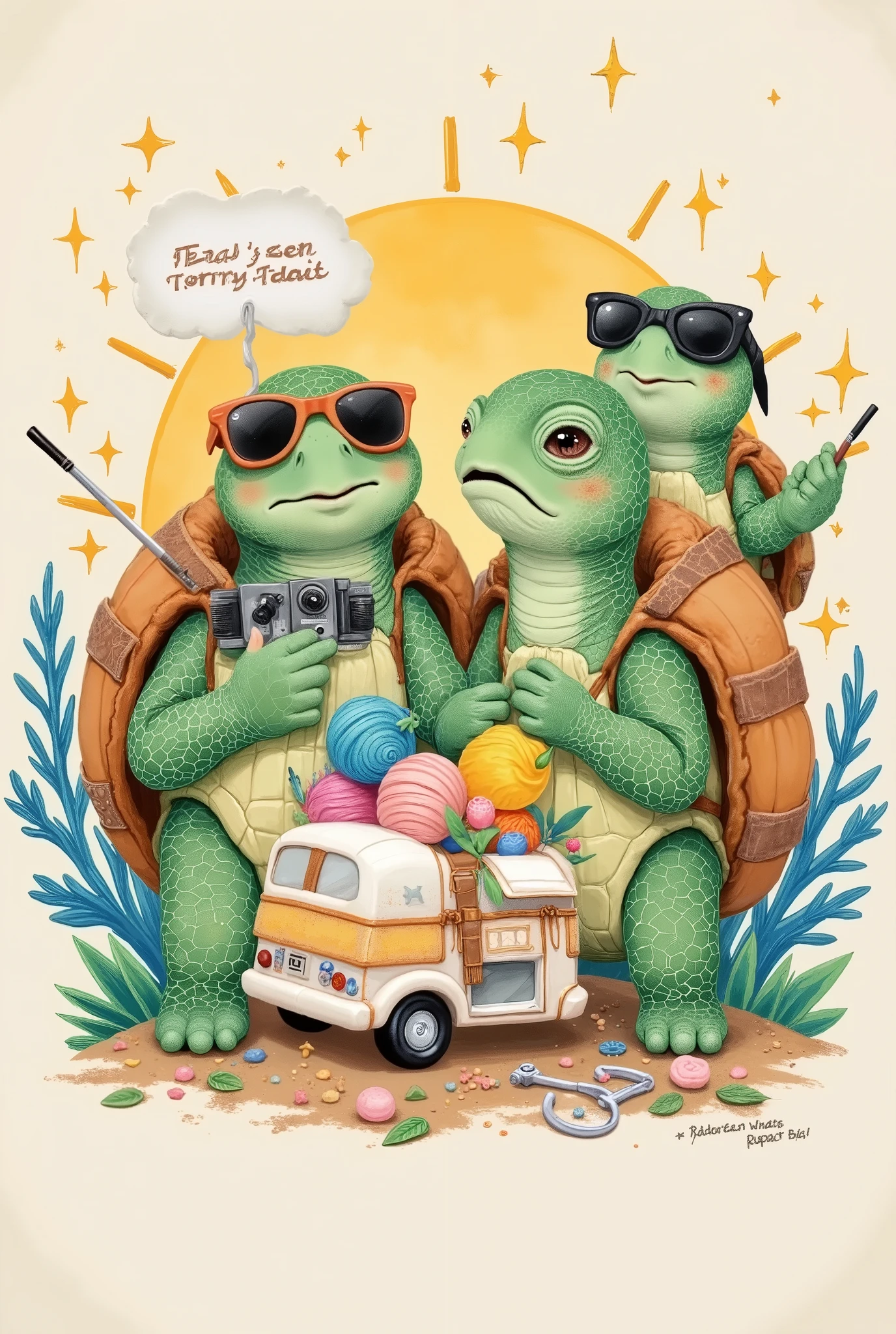 illustration, designed a humorous team logo plan for a team of retirees slow motion turtle tours
Four anthropomorphic turtles wearing sunglasses form a ring
Each turtle shell is printed with mahjong、Yarn ball、fishing rod 、 camera pattern
A group of turtles dragged a shared suitcase in the shape of a small motorhome
Center Bubble Dialog :"GPS? We use fate to navigate !"
background sunrise pattern incorporates magnifying glass elements (Metaphor presbyopia )