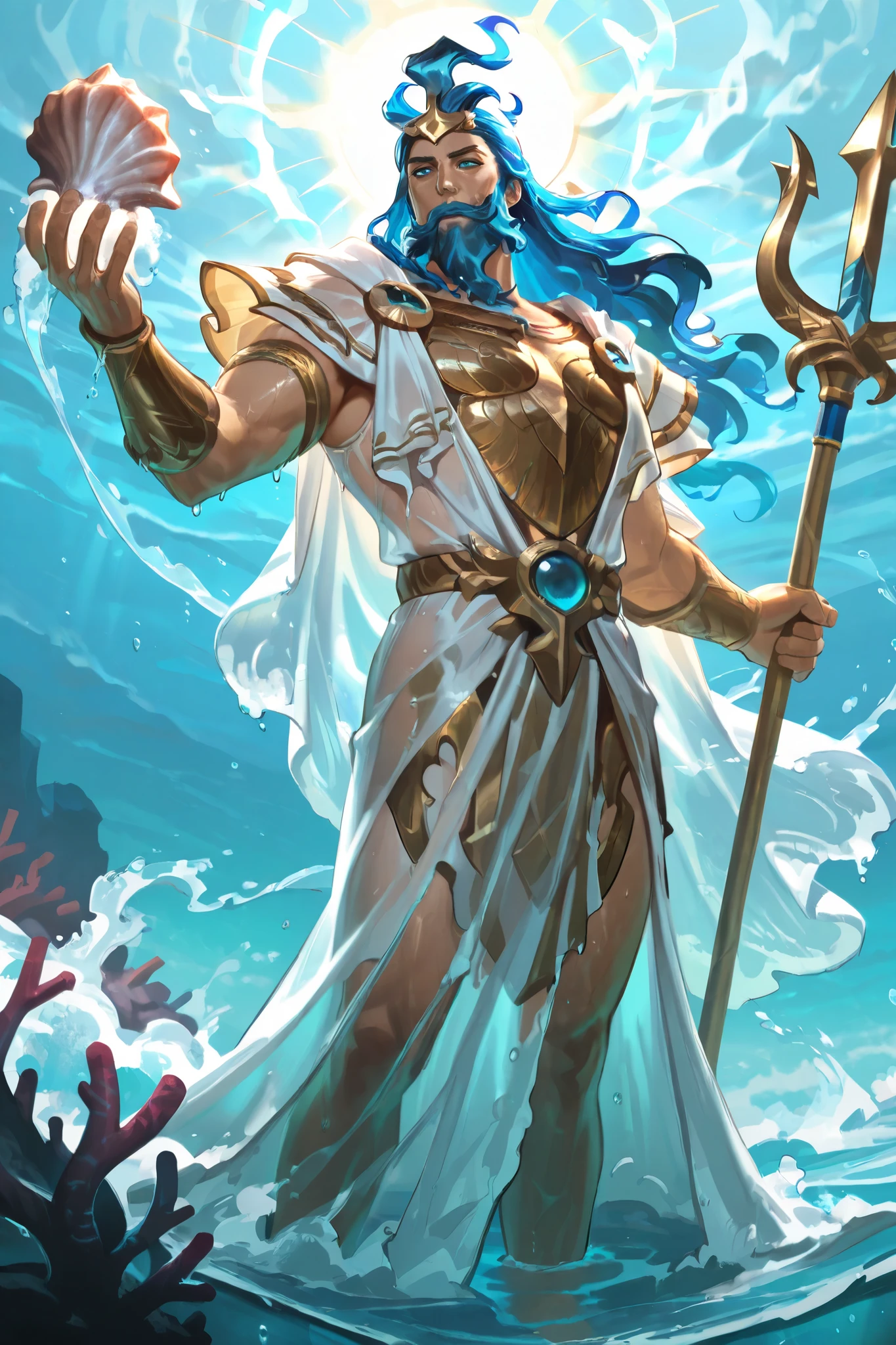 1man, poseidon, greek mythology, solo, classical greek armor, bronze cuirass, (wet:1.25), see-through chiton robe, see-through sea foam cloak, holding trident and conch shell, arm raised, arm holding trident, flowing beard, long wavy hair, draped sleeves, standing, horizon, stormy ocean, ancient greek shipwrecks, coral reefs, divine sunlight, glowing aura, highres, absurdres, masterpiece, best quality, amazing quality