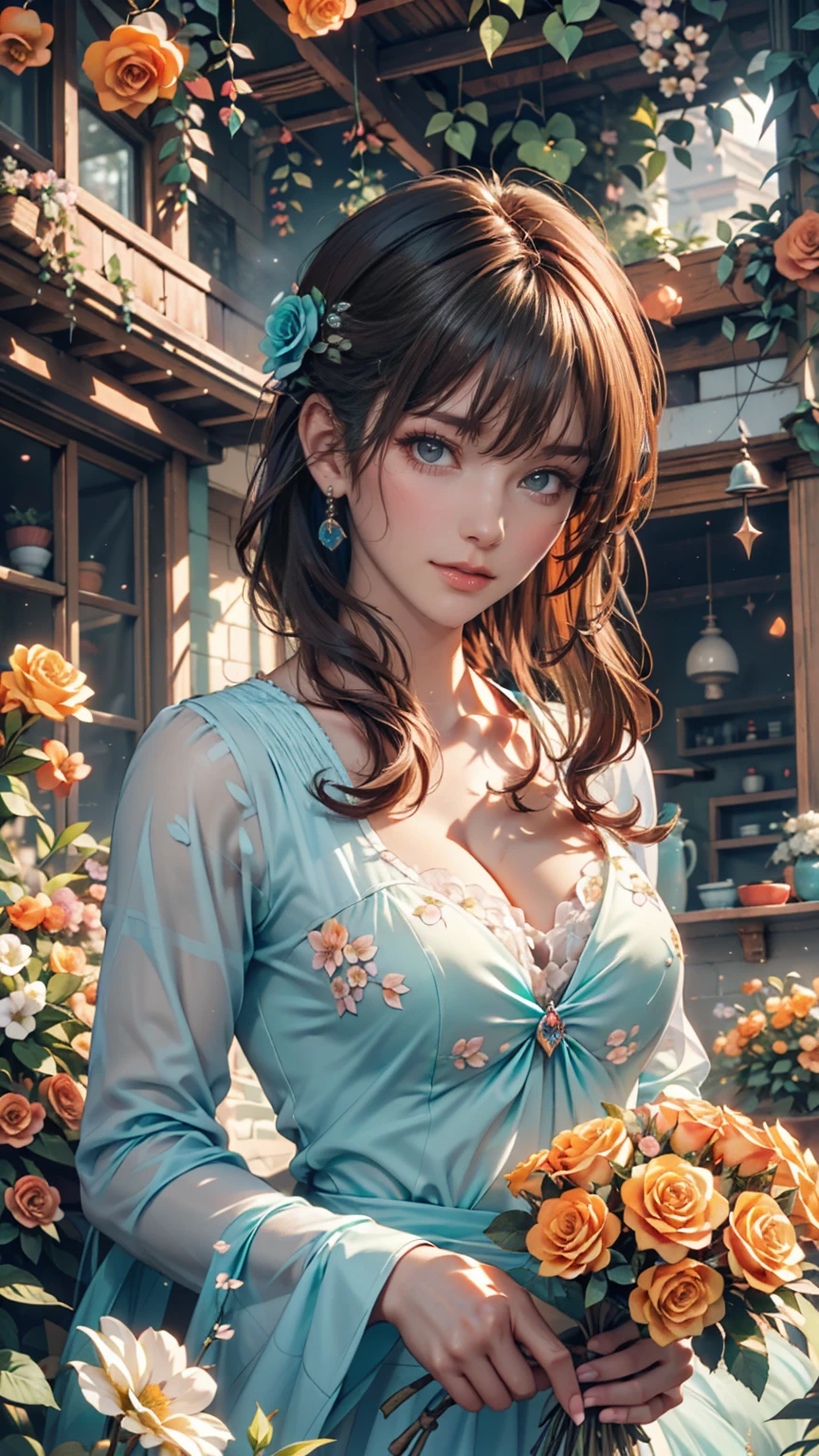Fictional character composition, Wearing young blue flowers, Surrounded by sunflowers, main character, Open your eyes, Her hair was blown by the wind, And the sun heals, Close-up monochrome painting, cute, dream-like, Oil painting style, Acrylic paint,, Japanese, An interesting concept, Interesting picture - ar 3:4 - 20 pieces - 5 pieces or more、Summer Dresses(Blowing in the Wind)