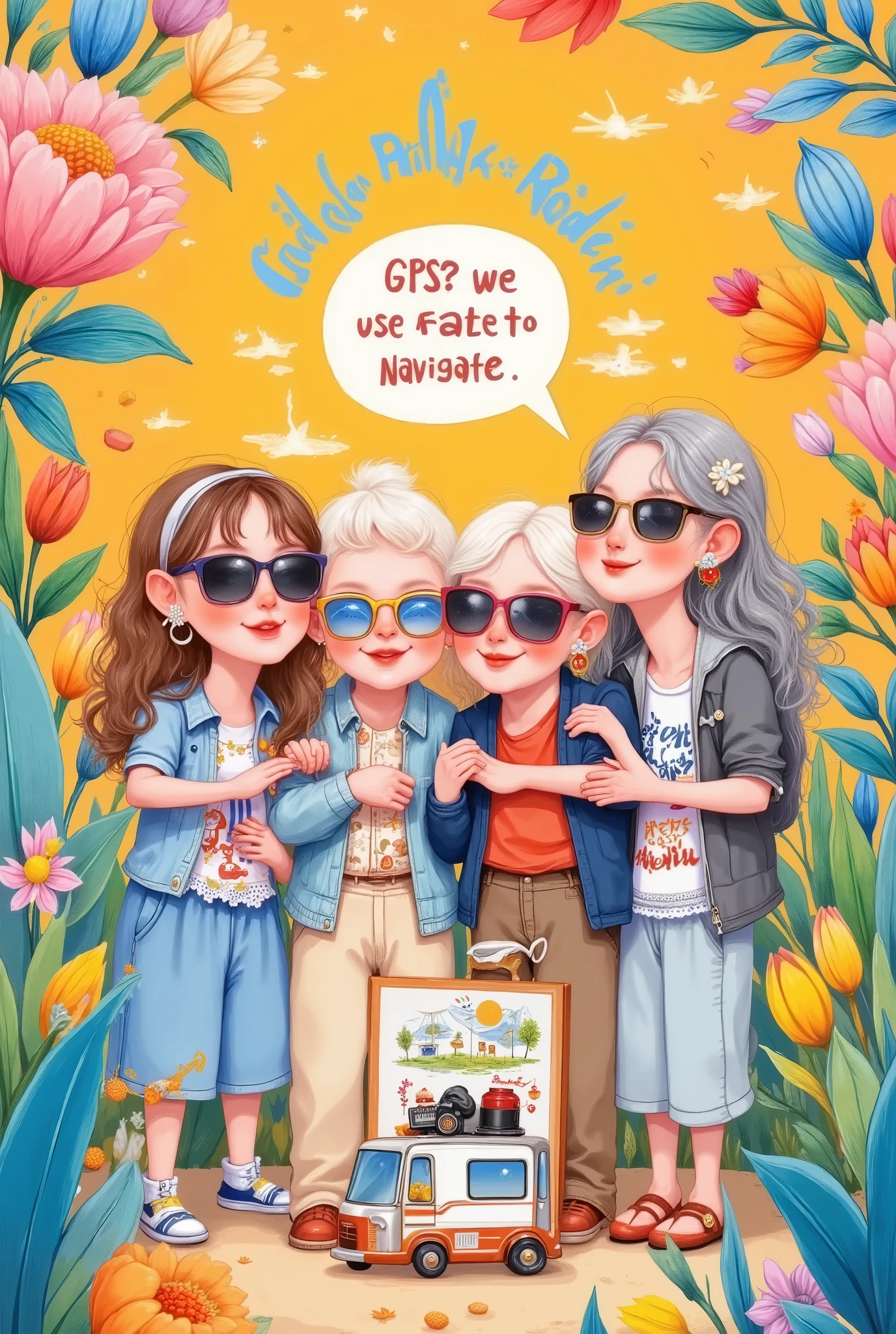 illustration, printed on it for a team of retirees, Four grandparents wearing sunglasses form a ring
A humorous team logo tour with Mahjong 、Yarn ball、fishing rod 、Camera pattern , dragging a shared suitcase in the shape of a small motorhome , bubble dialog box in the center :"GPS? We use fate to navigate ! background sunrise pattern incorporates magnifying glass elements (Metaphor presbyopia )