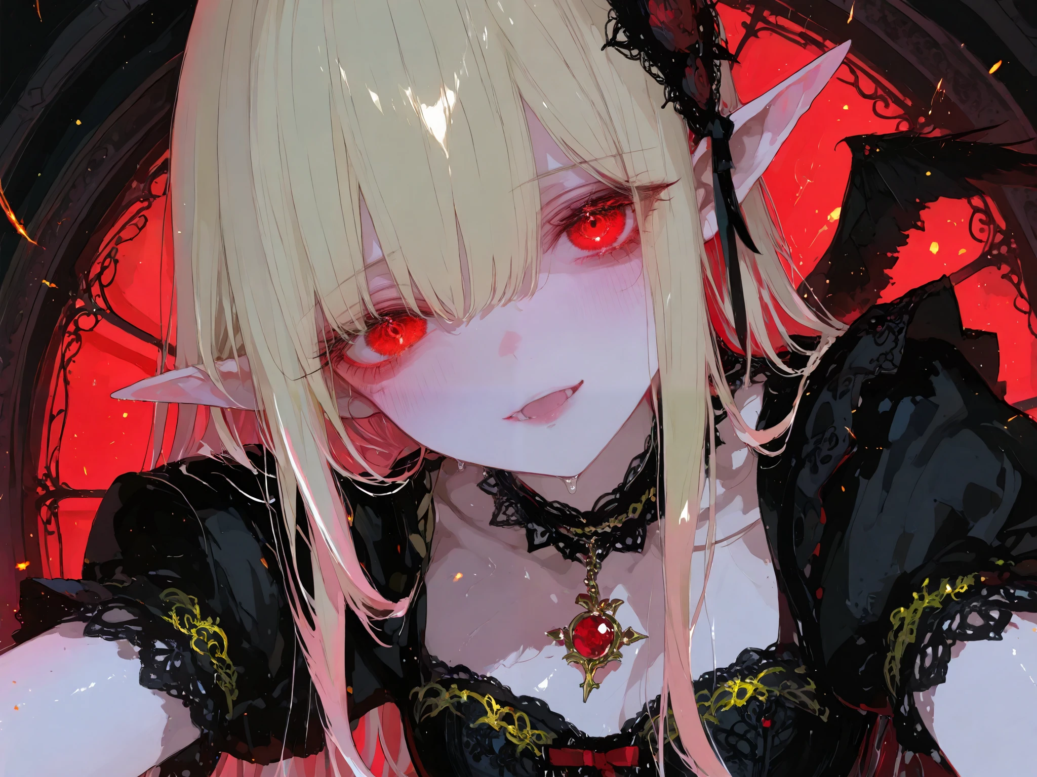 general,luisap,SakimiStyle,xxx667_illu,748cmstyle,dark gothic,looking at viewer, The figure is seated, but the pose is unnatural—poised yet unsettling,pointed elven ears, relaxed yet tense. The folds of the gothic dress cascade like heavy ink strokes, deep blacks absorbing the dim light, pooling at the edges of perception. Lace cuffs drape over motionless fingers, hands delicately positioned as if caught mid-gesture, the suggestion of movement that never completes.  

sensitive,The cyan hair flows, cascading in long, fluid strands that seem to defy gravity, each strand sharply defined, a Klimt-like embellishment of shimmering light woven into the darkness. It frames a face too perfect, too still—smooth skin untouched by shadow, an unnatural softness that refuses to reflect time.  

questionable,The eyes are luminous, red like embers smoldering beneath the surface, their intensity exaggerated in Caravaggio-like chiaroscuro. They do not simply look; they consume, dragging the composition inward, forcing attention where it does not want to go. The expression is unreadable, lips slightly parted, as if on the edge of speaking or smiling, but never deciding.  

explicit,The lace choker clasps the throat too tightly, its ruby pendant glinting, pulsing, whispering something in the absence of sound. Gold embroidery on the bodice catches the light in irregular patterns, twisting and shifting, forming symbols that are seen but not understood. The details are exquisite, but there is something wrong with them—flaws in symmetry, patterns that do not repeat, a suggestion of intelligence in the inanimate.  

A breath should follow, a shift in weight, a blink—yet nothing comes.  

Not stillness.  

Not motion.  

Only presence.  
