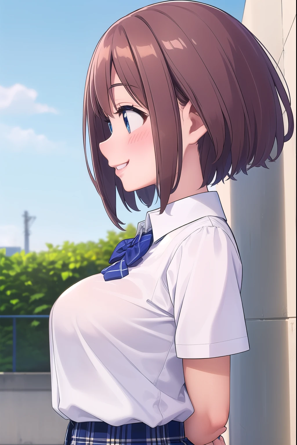 ( masterpiece, top quality), 非常に詳細なbackground, perfect lighting、 top quality, ( upper body angle:1.4),{hitoyobafu 、 1 girl、( is standing:1.2), wind、(arms behind back:1.5)、(18 years old)、 pink lips、 short brown hair、( sideways:1.4)、(profile:1.6)、 blue eyes、(Look away:1.5)、(Smile:1.7)、(blush:1.5)、{ school uniform、( white collared blouse:1.2)、(Short sleeve)、( blue bow tie)、{ Slender、 glamorous}、( big boobs)、( blue plaid skirt )、(windでスカートリフトアップ:1.3)、(socks)、}、{background、( school rooftop during lunch break)、blue sky、 fence、Streetscape}