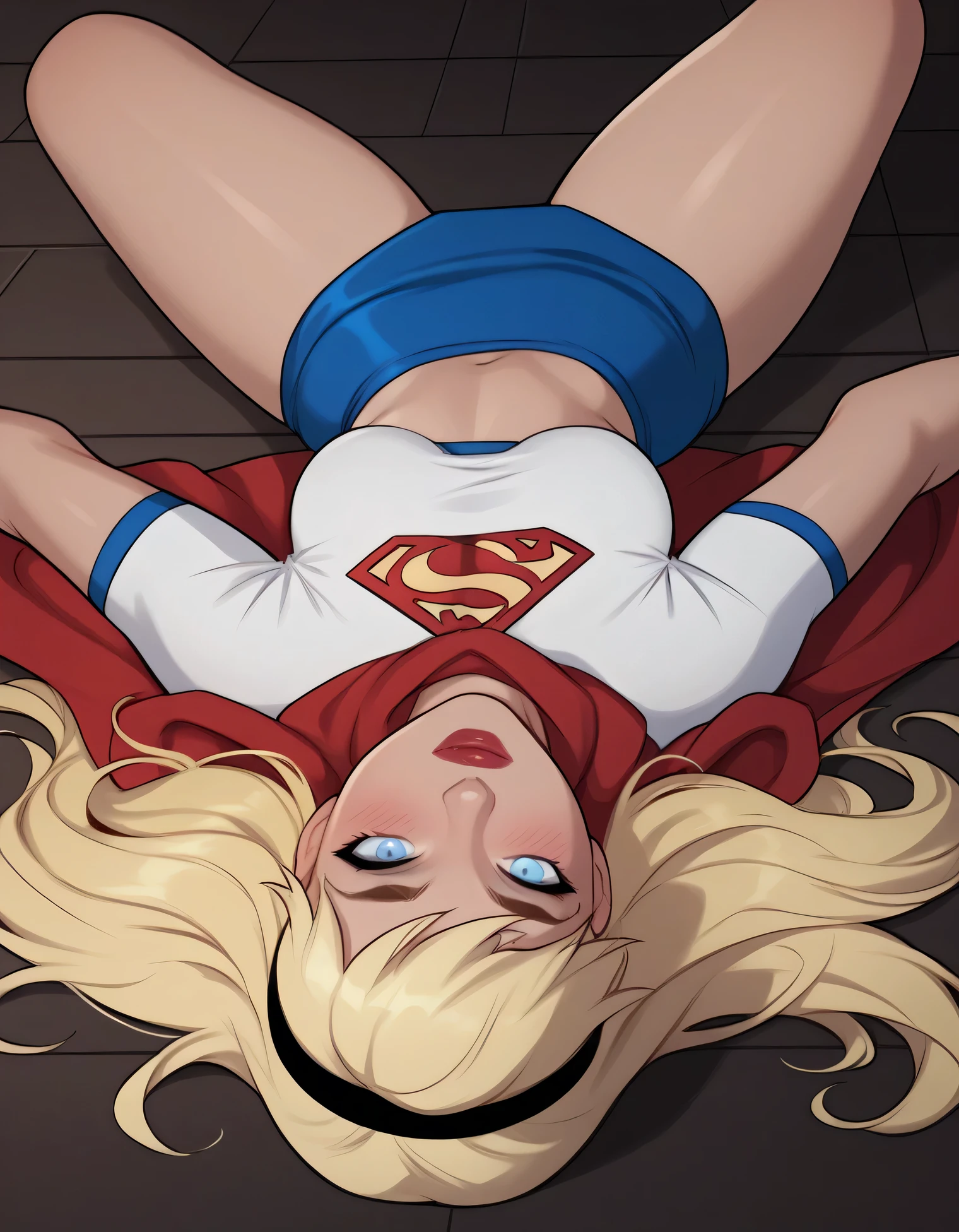 1girl, (Svverergirl, DC Comics, blonde hair, light blue eyes, long hair, hairband, :1.3), dressed (white shirt, cropped top, blue skirt, cape:1. 2),brows, blush, upright, breasts, lush breasts, parted lips, parted legs detailed eyes, detailed face, detailed face, lust, aroused, lying on the floor, bare breasts, lying down, legs spread wide apart