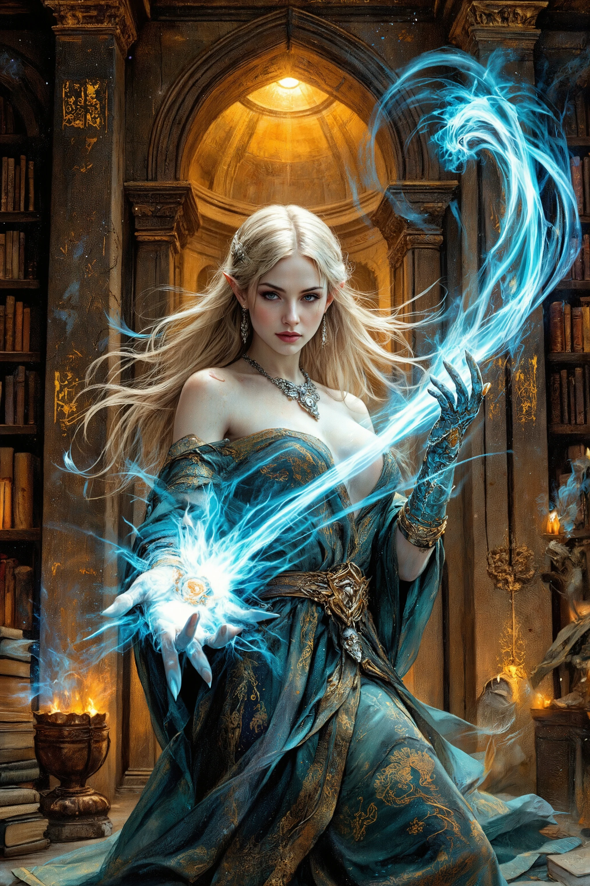 A regal elven sorceress with flowing blonde hair and silver jewelry, casting a powerful spell. Her glowing, pointed ears enhance her mystical aura. She wears an ornate mage robe embroidered with arcane symbols and enchanted gauntlets pulsing with magic. Swirling blue and violet energy radiates from her gracefully poised hands, illuminating her fair skin and piercing almond-shaped eyes. Behind her, a grand stone wall of the magic academy library stands, lined with ancient tomes and glowing mystical inscriptions. Dramatic lighting contrasts the library’s warm glow with the vibrant magic in her hands.  
Inspired by the works of Artgerm and Alphonse Mucha, blending realism with fantasy elements. Dramatic chiaroscuro, mystical highlights, and a refined fantasy atmosphere. Low angle. Digital art.  