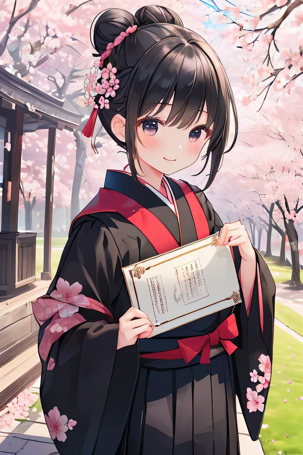 (((The black tube with the diploma in it :1.3))),(University Buildings :1.3),(Cherry Tree:1.3),( padded chest to match hakama ),( similarly :1.7),( Graduation Ceremony,celebrate,smile, girl, intricately detailed ,),( floral hair ornament,Floral braided top knot, cover chest , voluminous fishtail braid , half up、 floral braided space buns , Intricate details、 cherry blossom petals fluttering in the air ,Twisted bun ),( leave bangs uncut ,( masterpiece, top quality, I'm embarrassed to take an ultra-high resolution output image ,) ,( 8K product,),( image mode ultra HD ,)