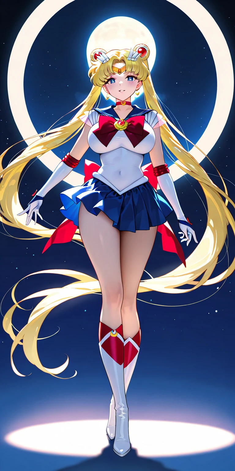 Masterpiece, The best quality, nothing, Manager 1, 1 girl, only, Uniforme Sailor Senshi, Sailor Moon, Usagi Tsukino, rubio, Magical Girl, blue eyes, white panties, red neckerchief, elbow gloves, tiara, blue skirt, pleated skirt, mini skirt, choker, white gloves, jewely, earrings, They are smiling, The background is space (excellent detail, Excellent lighting, wide angle), skirt lift, show panties, ((showing legs)), sin panties