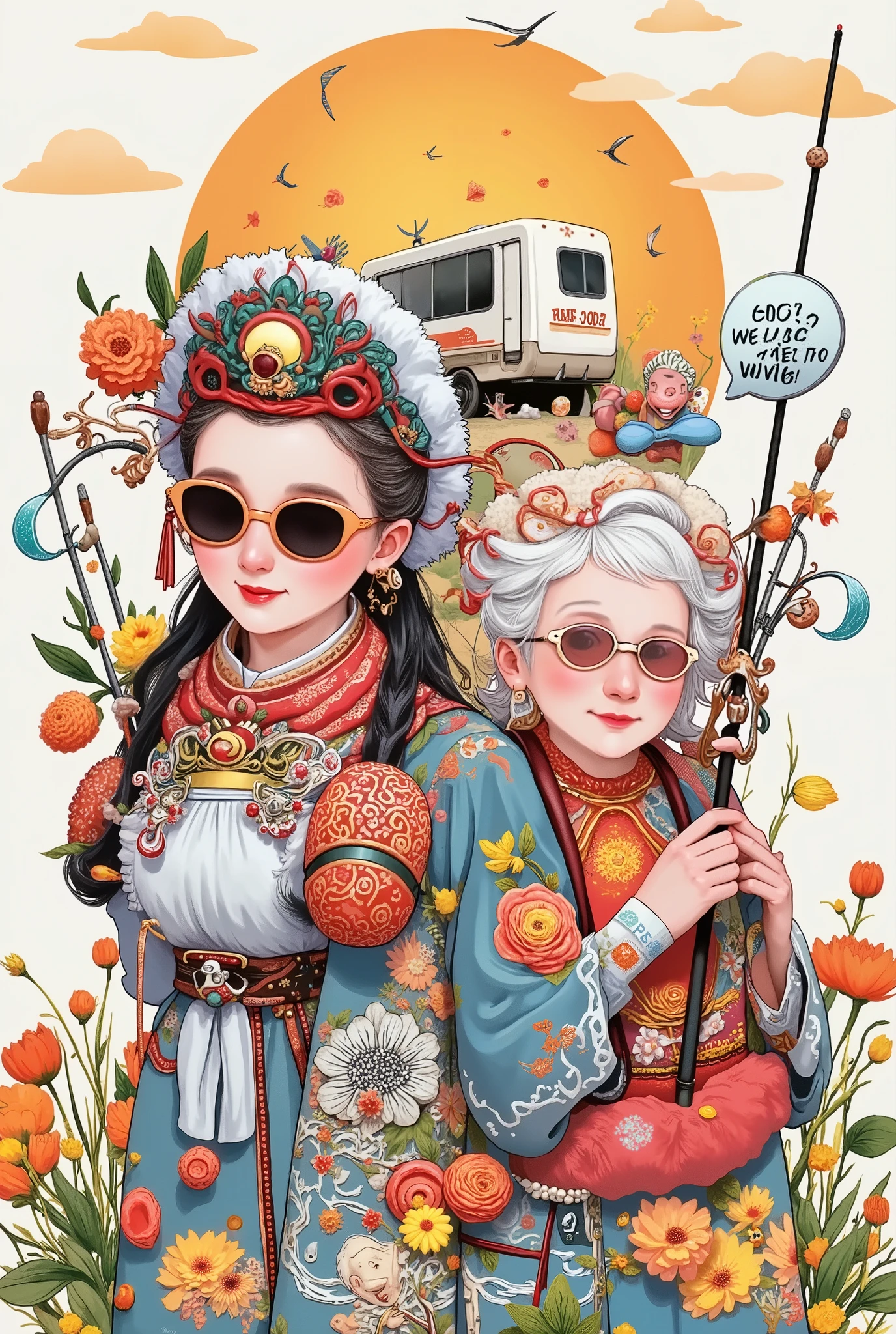illustration, printed on it for a team of retirees,Group of grandparents wearing sunglasses,
Grandpa and grandma group with sunglasses printed on Mahjong 、Yarn ball、fishing rod 、Camera pattern , dragging a shared suitcase in the shape of a small motorhome , bubble dialog box in the center :"GPS? We use fate to navigate ! background sunrise pattern incorporates magnifying glass elements (Metaphor presbyopia )