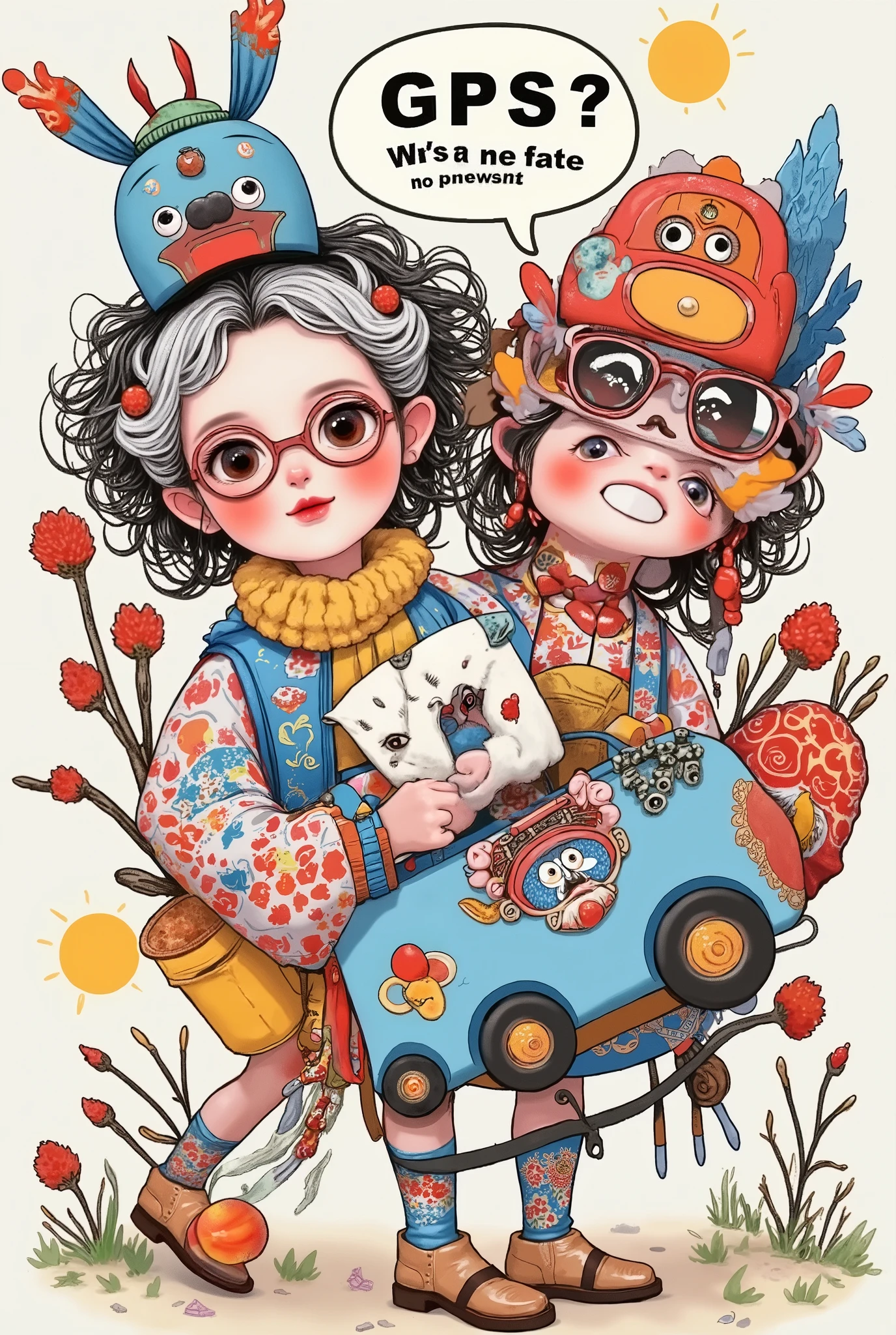 illustration, designed a humorous team logo tour for a team of retirees,Group of grandparents wearing sunglasses ,
Grandpa and grandma group with sunglasses printed on Mahjong 、Yarn ball、fishing rod 、Camera pattern , dragging a shared suitcase in the shape of a small motorhome , bubble dialog box in the center :"GPS? We use fate to navigate ! background sunrise pattern incorporates magnifying glass elements (Metaphor presbyopia )