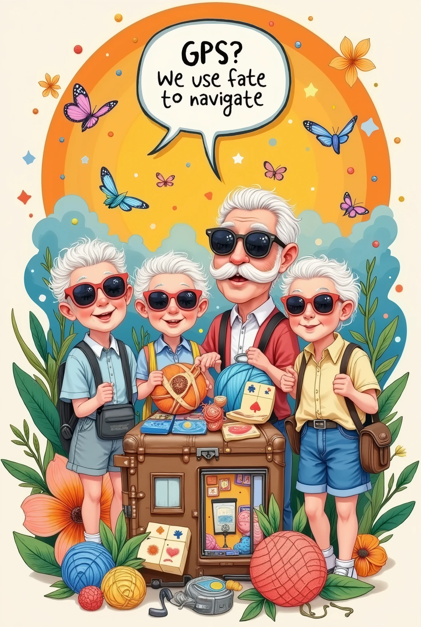 illustration, printed on it for a team of retirees,Group of grandparents wearing sunglasses ,(poker)
Grandpa and grandma group with sunglasses printed on Mahjong 、Yarn ball、fishing rod 、Camera pattern , dragging a shared suitcase in the shape of a small motorhome , bubble dialog box in the center :"GPS? We use fate to navigate , background sunrise pattern incorporates magnifying glass elements (Metaphor presbyopia )
