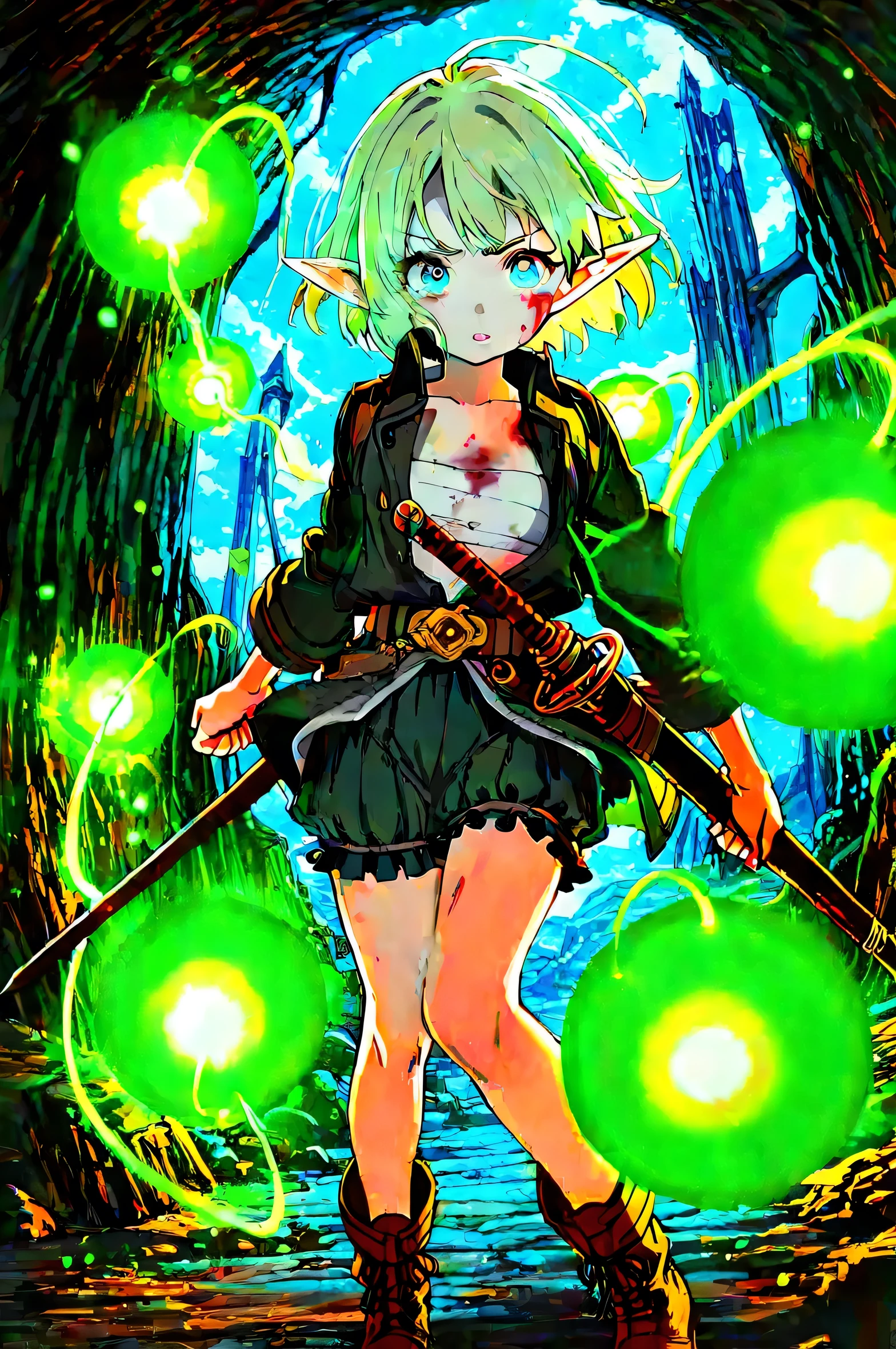 (masterpiece, best quality, highres, official art:1.2), 1girl, solo, elf, short bob, light green hair, sky blue eyes, determined expression, weary, battle-worn, black jacket, white sarashi \(under clothes\), dark green bloomers, brown boots \(knee-high\), sword scabbard, belt, dark cave, magical effects, (glowing green orbs:1.3), floating green particles, full body shot, dynamic pose, fighting stance, bruised under left eye, blood on right cheek, fantasy, detailed background
