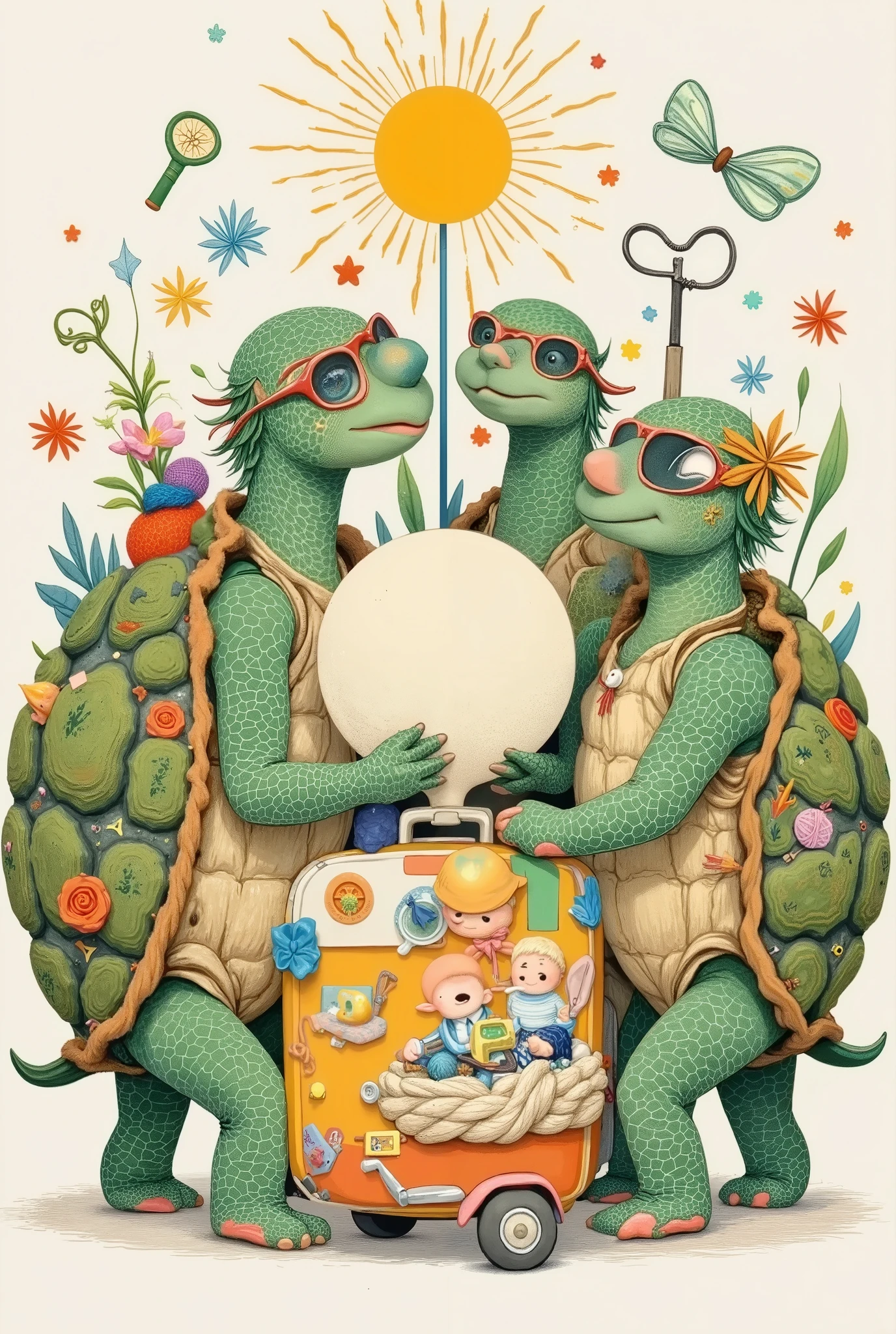 illustration, designed a humorous team logo plan for a team of retirees slow motion turtle tours
Four anthropomorphic turtles wearing sunglasses form a ring
Each turtle shell is printed with mahjong、Yarn ball、fishing rod 、 camera pattern
A group of turtles dragged a shared suitcase in the shape of a small motorhome
Center Bubble Dialog :"GPS? We use fate to navigate !"
background sunrise pattern incorporates magnifying glass elements (Metaphor presbyopia )