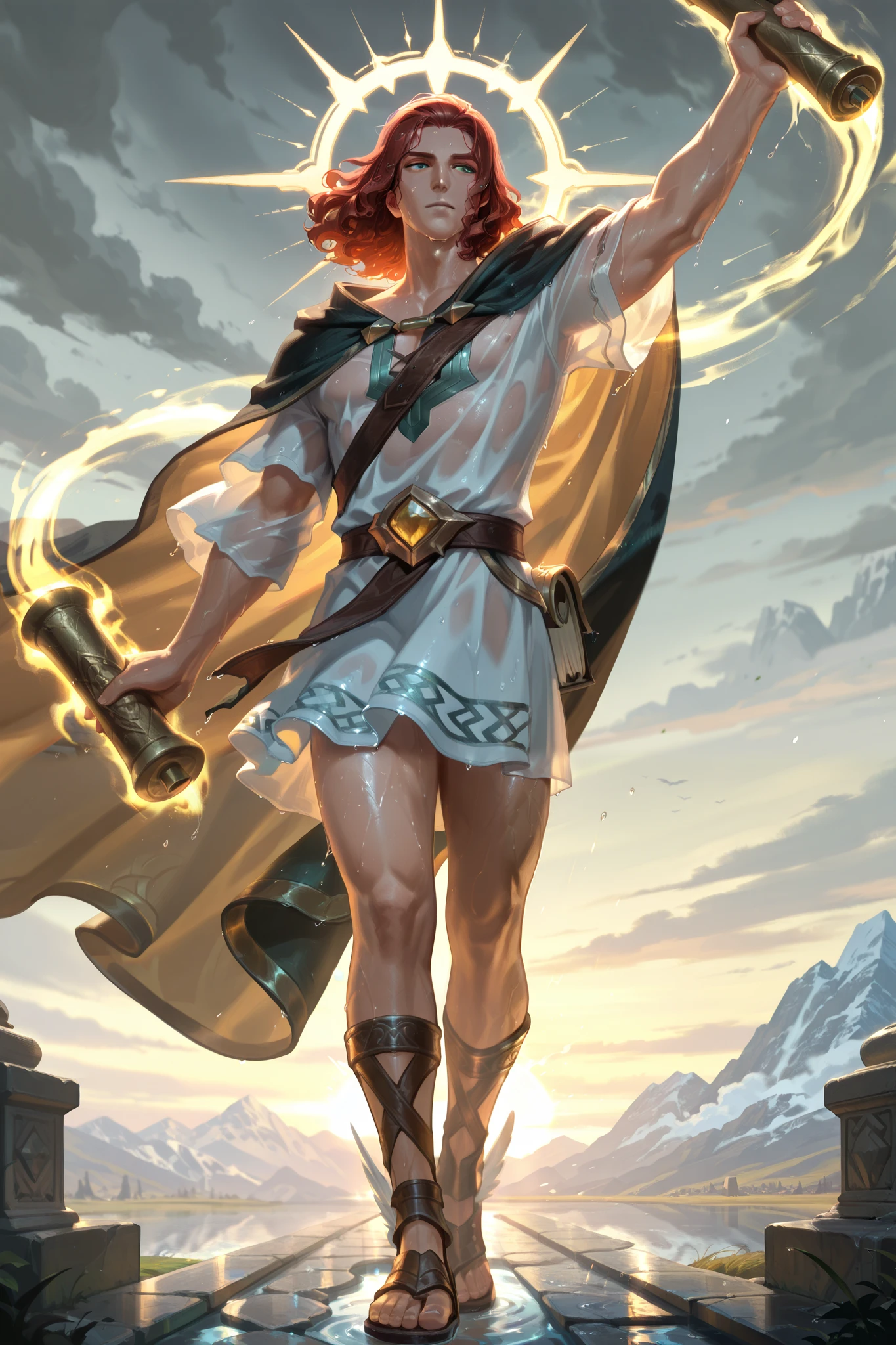 1man, hermes, greek mythology, solo, classical greek traveler's tunic, winged sandals, (wet:1.25), see-through traveler's cloak, see-through wind aura, holding caduceus and scroll, arm raised, arm holding caduceus, short curly hair, windswept hair, draped sleeves, standing, horizon, stormy sky, ancient greek mountain pass, stone pathway, divine sunlight, glowing aura, highres, absurdres, masterpiece, best quality, amazing quality