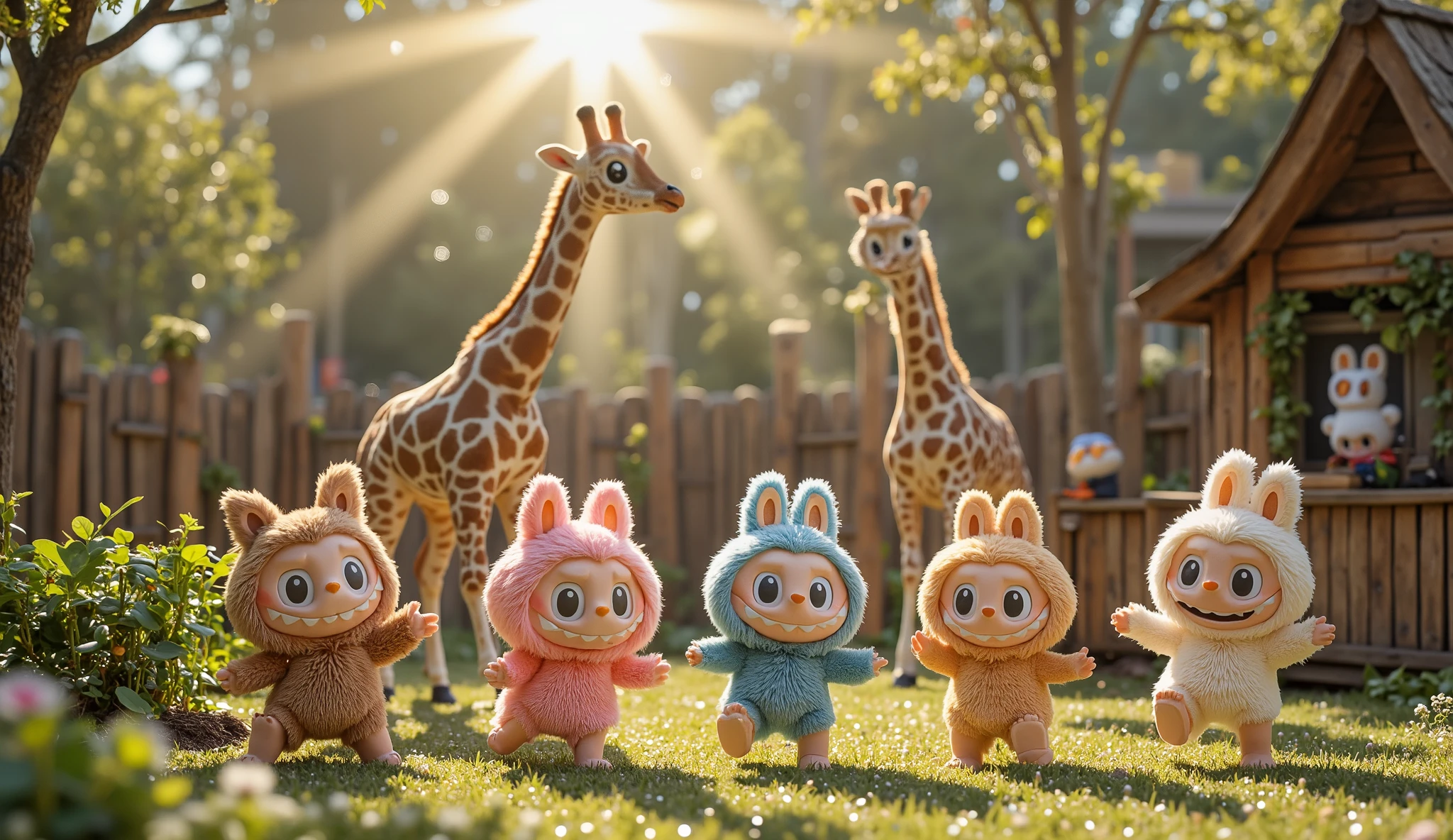 "In the fresh morning air at the zoo, four playful Labubu creatures in brown, pink, blue, and white joyfully dance in front of a tall giraffe enclosure. Their small, furry bodies bounce with energy as they twirl and hop in perfect rhythm, their oversized grins revealing sharp little teeth. Each Labubu has large, expressive eyes that shine with excitement, their fluffy ears twitching as they move. The morning sun casts a warm golden glow, illuminating the dewdrops on the grass beneath their tiny feet. Behind them, a charming giraffe watches curiously, its long neck gracefully arching as it tilts its head in amusement. Its big, gentle eyes blink slowly, and its patterned coat of golden brown spots gleams in the sunlight. The wooden fence of the enclosure stands sturdy behind them, partially covered by climbing green vines. Birds chirp softly in the distance, and a gentle breeze rustles the leaves of nearby trees. The scene is lively yet peaceful, a perfect moment where nature and playful mischief come together in harmony."