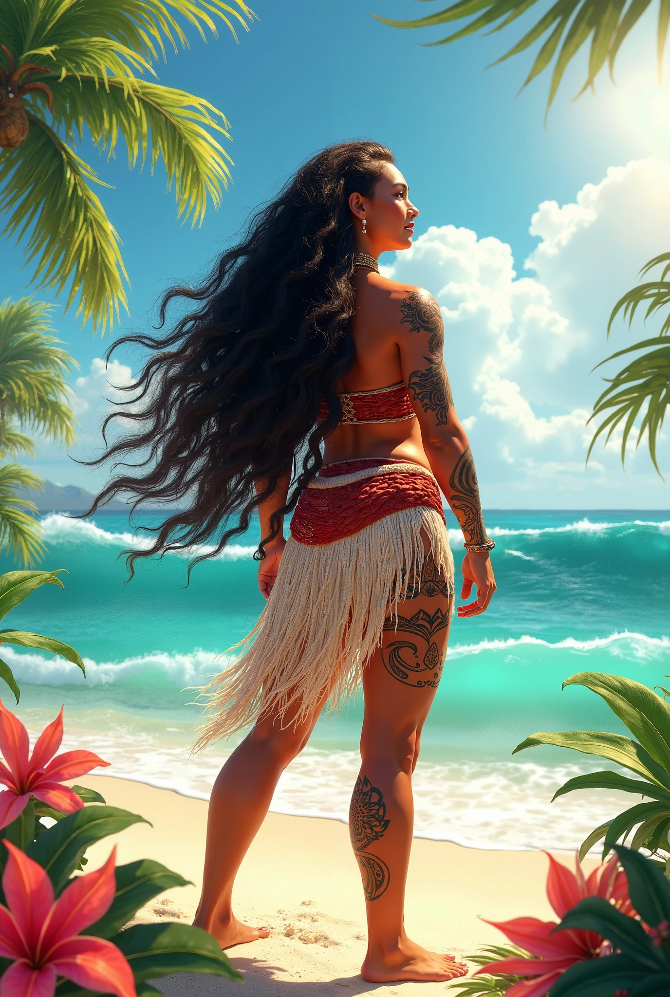 epic movie poster, volcano erupting, award winning (full body:1.3) portrait photo of a (moana:1.2), (seashell bikini:1.2), (water goddess:1.2), tribal tattoos, (wading:1.2) in the pacific (ocean:1.1), arms behind head, (partially submerged shot:1.2), (waves:0.9), desert island background, palm trees, beach,fluffy clouds in the sky, outrun, vaporware, trending on artstation, highly detailed, fine detail, intricate, (lens flare:0.9), (backlighting:0.9), (bloom:0.9), [Style-Micro::10]