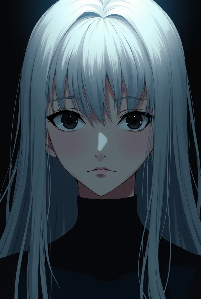 A close-up of an anime-style woman with long white hair and sharp black eyes with shading indicating the presence of bright light from the top without the source and a black background