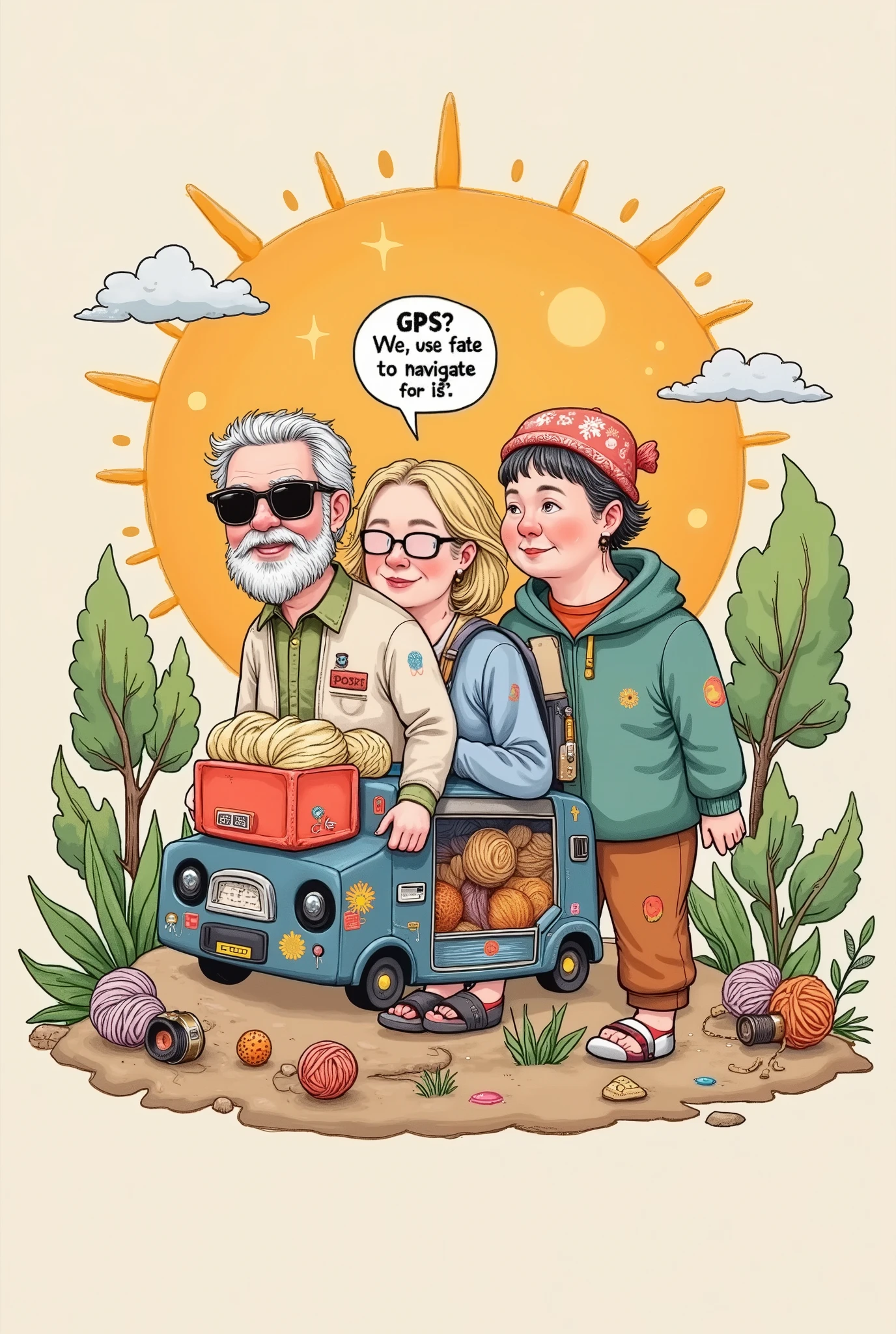 illustration, printed on it for a team of retirees,Grandpa and grandma group , dark hair , silver hair, with yellow hair,(poker) wearing sunglasses
Imprinted mahjong、Yarn ball、fishing rod 、Camera pattern , dragging a shared suitcase in the shape of a small motorhome , bubble dialog box in the center :"GPS? We use fate to navigate , background sunrise pattern incorporates magnifying glass elements (Metaphor presbyopia )