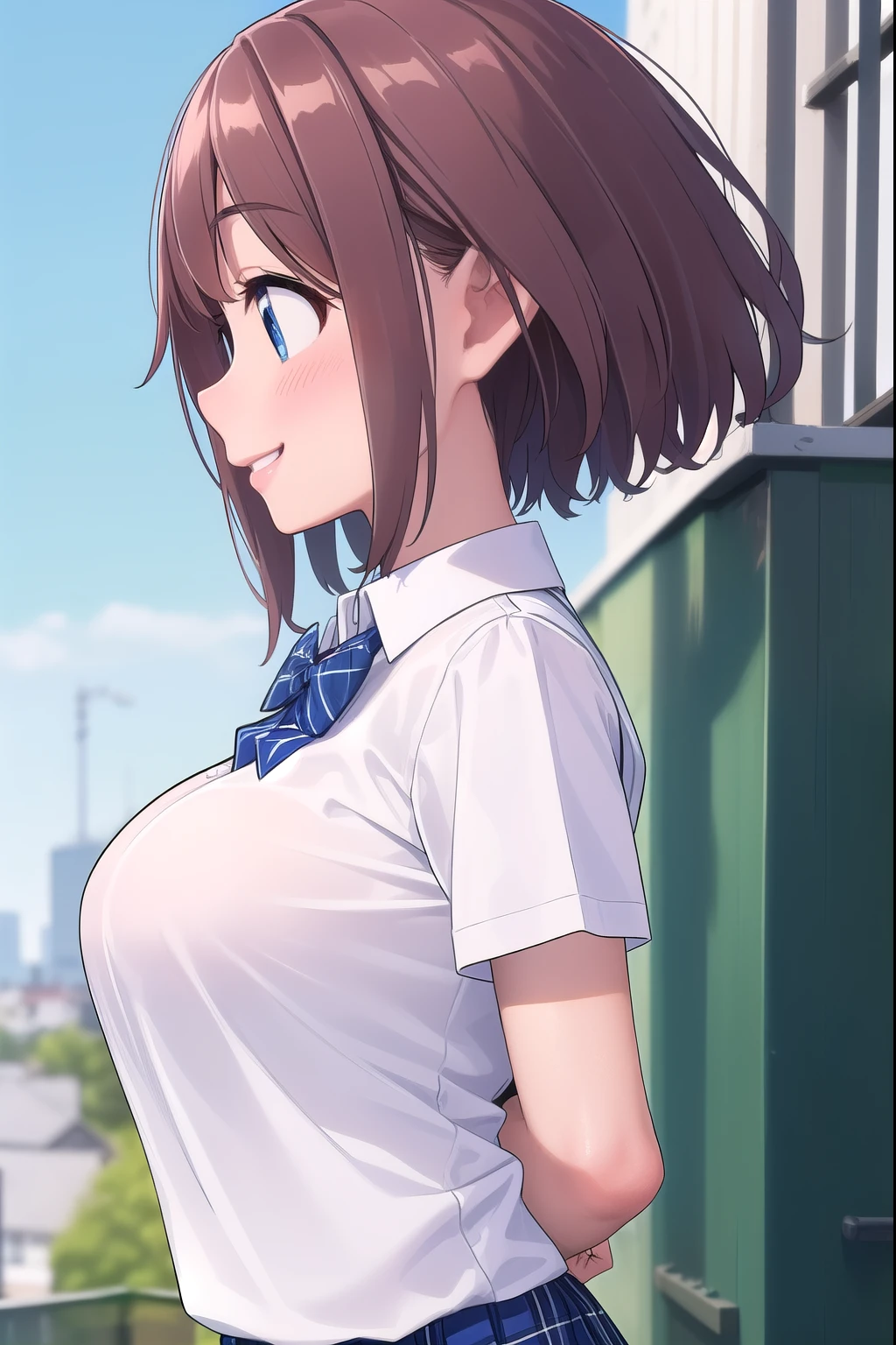 ( masterpiece,  top quality), 非常に詳細なbackground, perfect lighting、 top quality, ( upper body angle:1.6),{hitoyobafu 、 1 girl、( is standing:1.2), wind、(arms behind back:1.5)、(18 years old)、 pink lips、 short brown hair、( sideways:1.4)、(profile:1.6)、 blue eyes、(Look away:1.5)、(Smile:1.7)、(blush:1.5)、{ school uniform、( white collared blouse:1.2)、(Short sleeve)、( blue bow tie)、{ Slender、 glamorous}、(( big boobs))、( blue plaid skirt )、(windでスカートリフトアップ:1.3)、(socks)、}、{background、( school rooftop during lunch break)、blue sky、 fence、Streetscape}