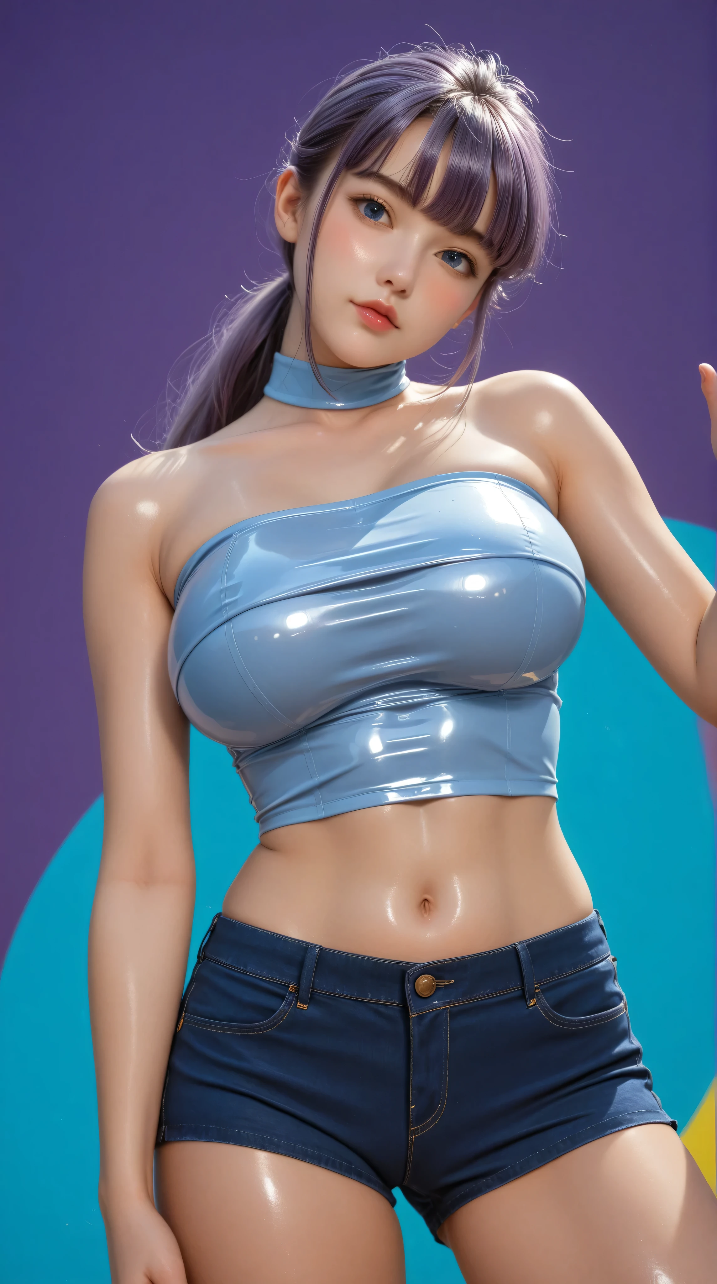 master piece:1.5、(minimal art, line drawing), ung korean girl,solo，Light purple hair, Blue Background，huge breasts, tight blue metallic tube top, purple metallic short shorts, underboob, High Ponytail，Unbelievably long hair，cowboy shot , looking at viewer，Simple style，wide angle, Dynamic Angle，(bangs_pinned_back:1.5),(head_tilt:1.7),(cuvrybody:1.1)，Lively posture，From the front，From below, looking at viewer, , (eyes looking off to side), Highly detailed, Amazing work，Vitreous luster, blues, purples, reds, Best quality at best, ((shiny skin)), no background, colorful background, purple background, blue background, red background, Style retro classic, illustrated anime, heavy blushing, body blush, blue eyes, 